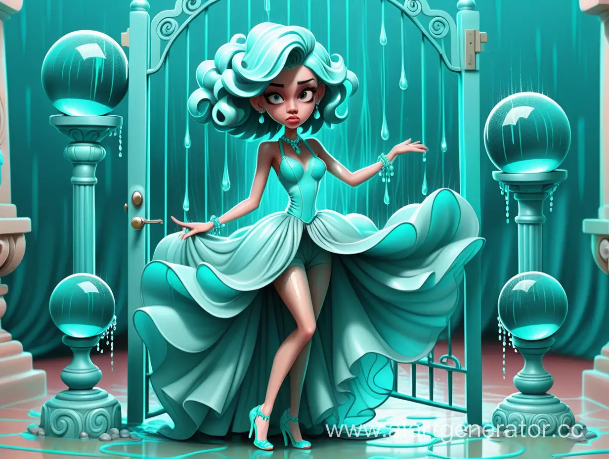 on turquoise background with turquoise gates and turquoise rain pouring on her from crystal turquoise balls, a girl with turquoise hair, a turquoise ball gown, and turquoise ballroom shoes holds a turquoise crystal ball