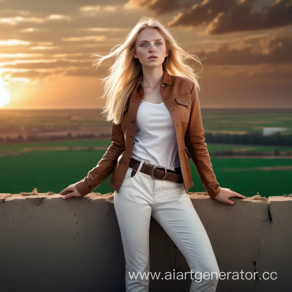 Blonde-Girl-Standing-on-Wall-Gazing-at-Sunset-Fields