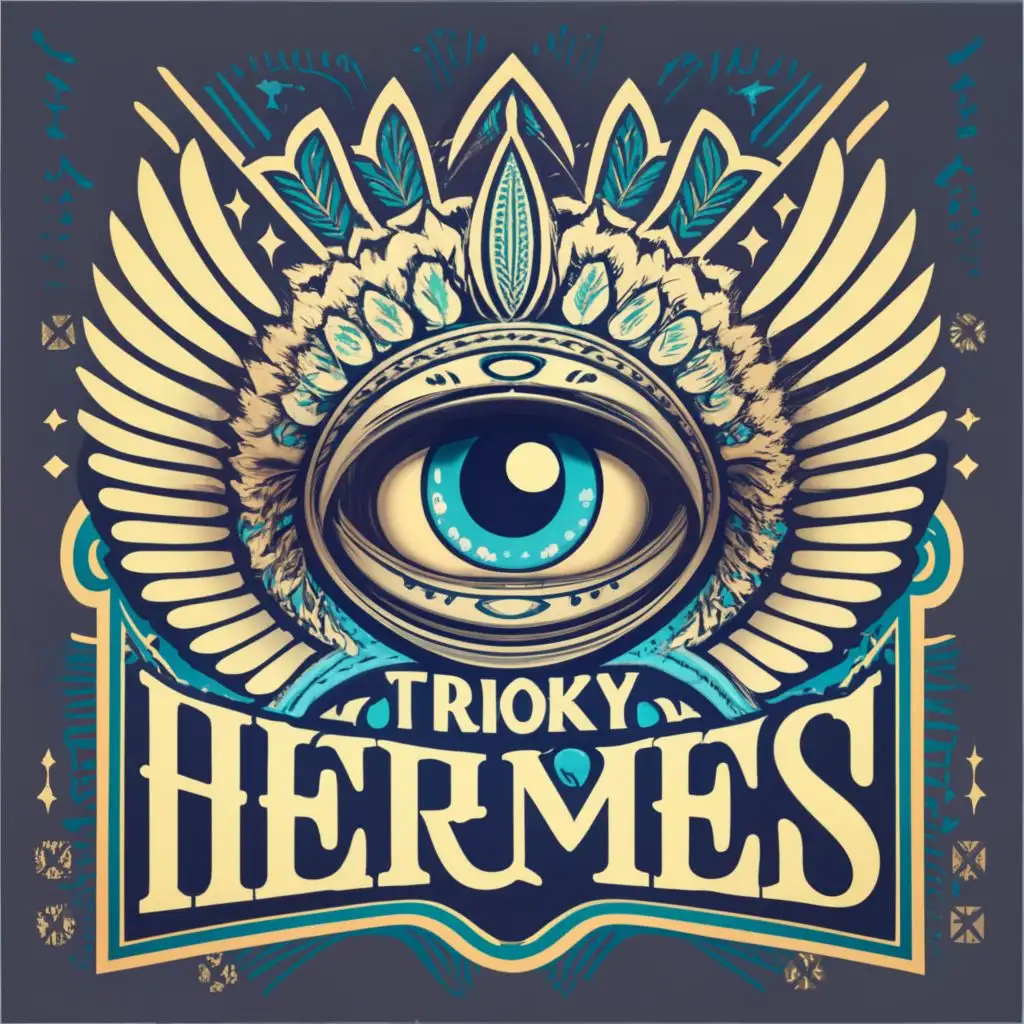 logo, eye with wings, in high detail, Amazonian Indians style, with the text "Trioky Hermes", typography, be used in Religious industry