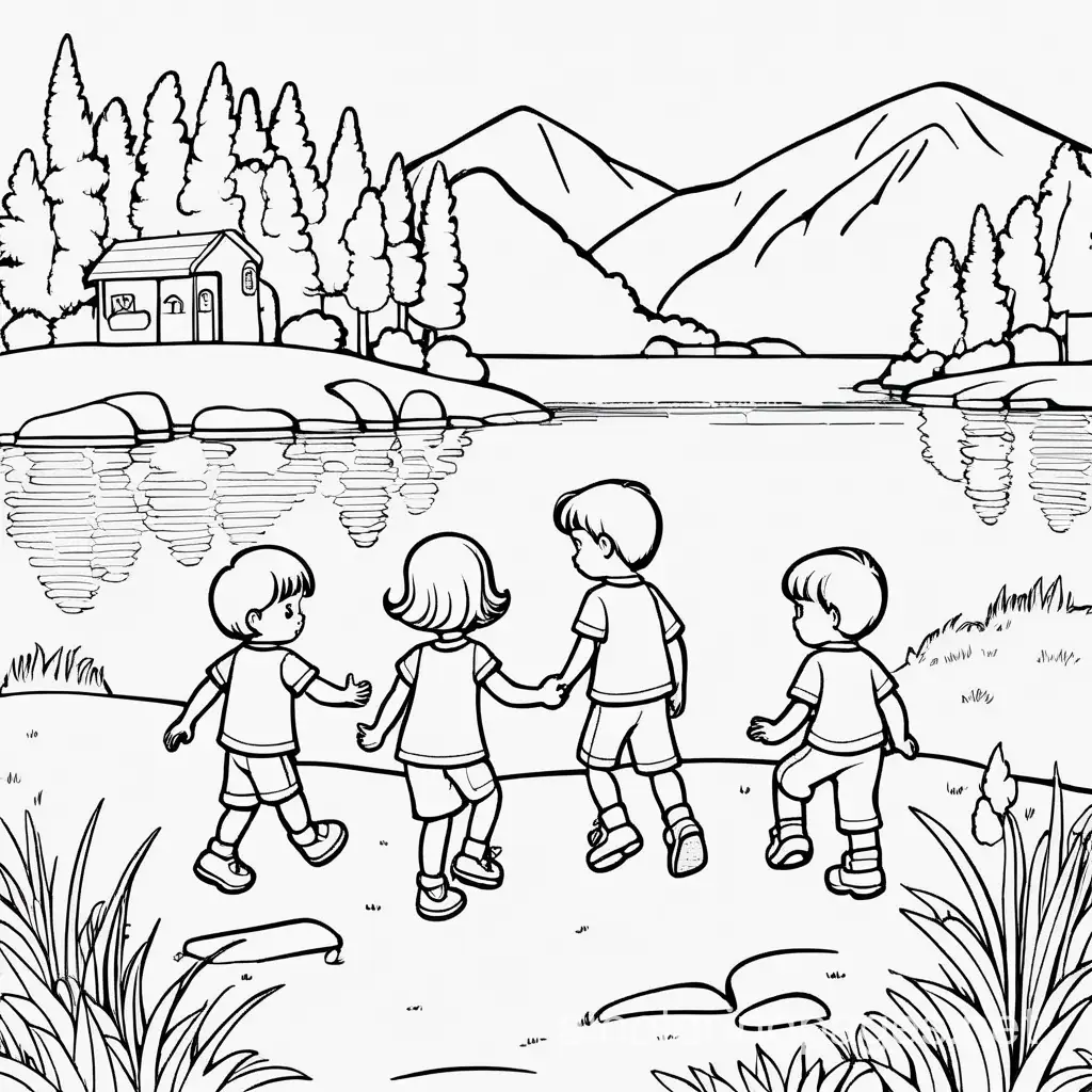 3 kids playing near the lake , Coloring Page, black and white, line art, white background, Simplicity, Ample White Space. The background of the coloring page is plain white to make it easy for young children to color within the lines. The outlines of all the subjects are easy to distinguish, making it simple for kids to color without too much difficulty, Coloring Page, black and white, line art, white background, Simplicity, Ample White Space. The background of the coloring page is plain white to make it easy for young children to color within the lines. The outlines of all the subjects are easy to distinguish, making it simple for kids to color without too much difficulty