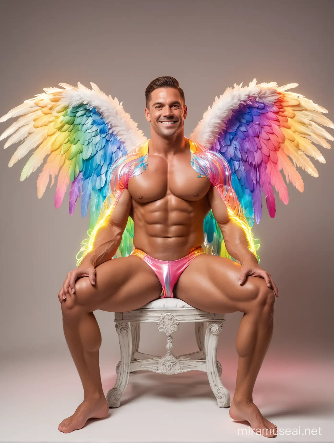 Ultra Chunky IFBB Bodybuilder Daddy with Rainbow LED Jacket Flexing on Golden Angel Chair