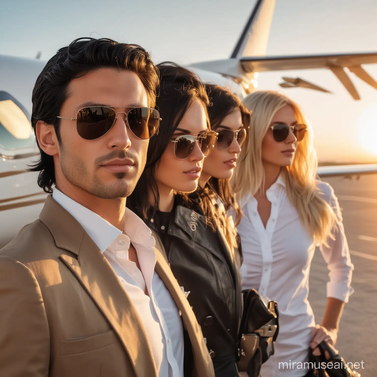 Handsome man with black hair, stubble and sunglasses. Behind him are two blonde girls in a state of luxury, on a luxurious private plane, at sunset. I want to enlarge the man.