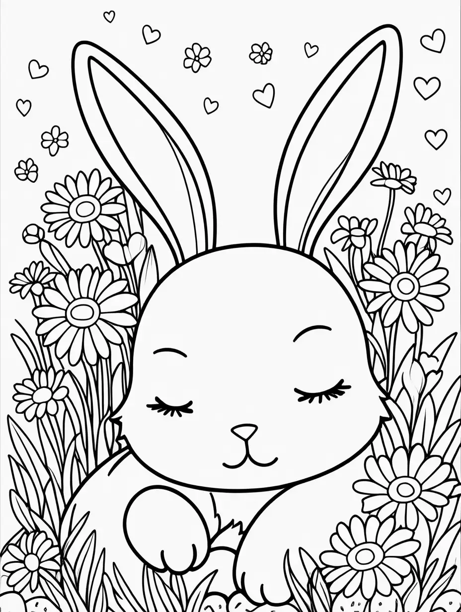 Adorable Kawaii Bunny Coloring Page with Daisies for Kids