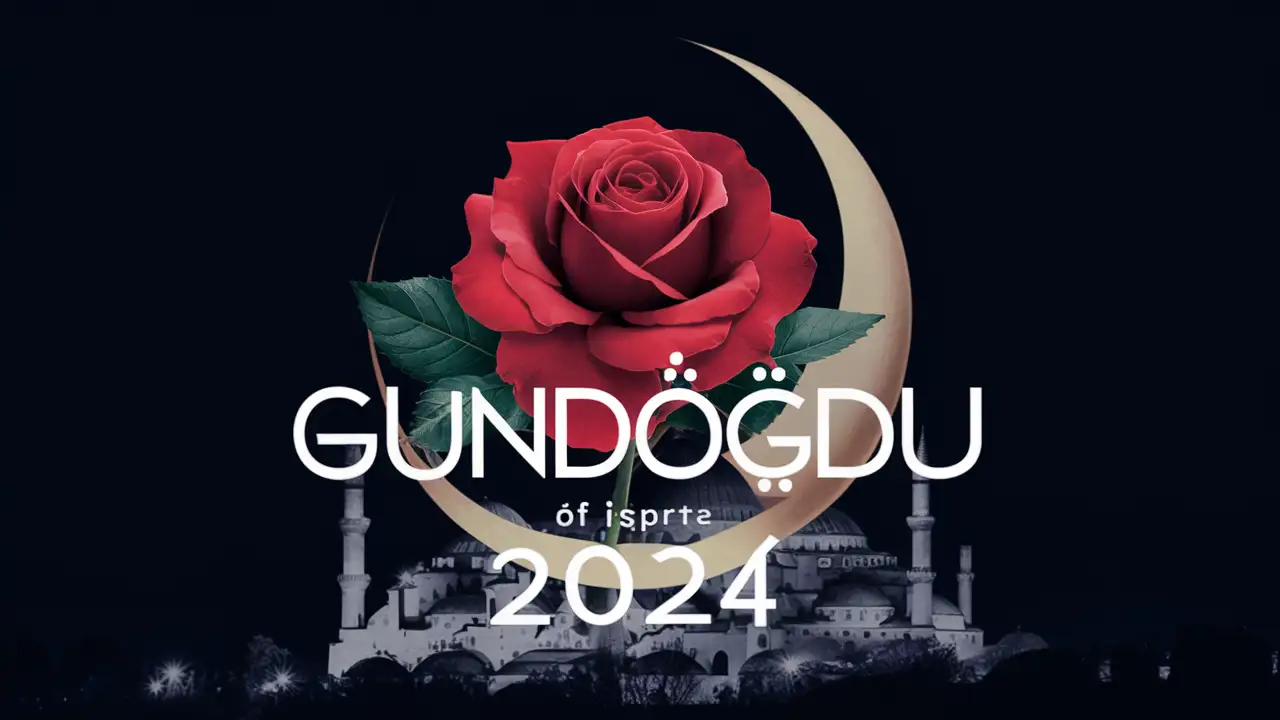
I want a beautiful logo with text: 'GUNDOĞDU' and 2024, red rose of Isparta, crescent, night, Isparta, great big mosque (THIS LOGO MUST BE PERFECT)