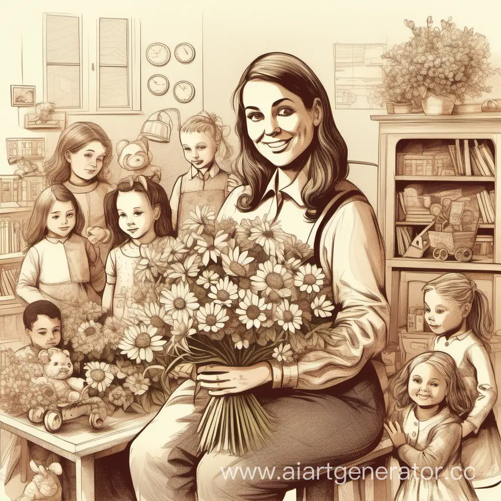 Educator-Holding-Bouquet-with-Children-and-Toys-Detailed-Illustration