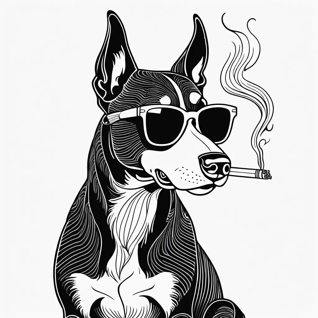Black and white line art Kelpie dog wearing sunglasses and smoking cigarette