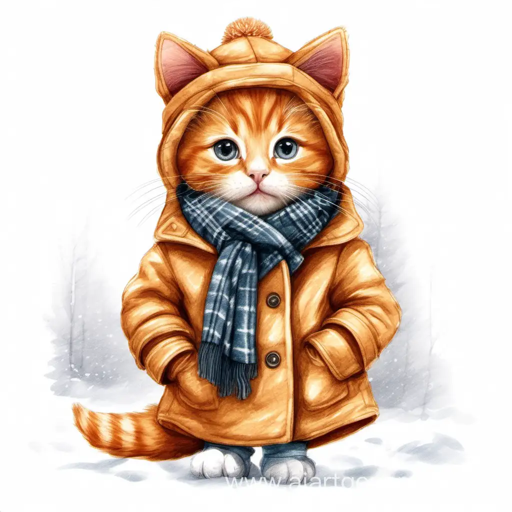 Рисунок рыжий котенок в пальто, шарфе и шапке ушанке на белом фоне