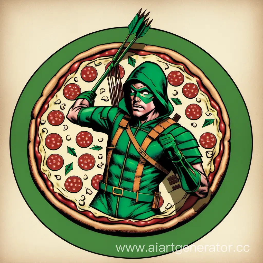 Vintage-Green-Arrow-Enjoying-Pizza-in-1970s-Style