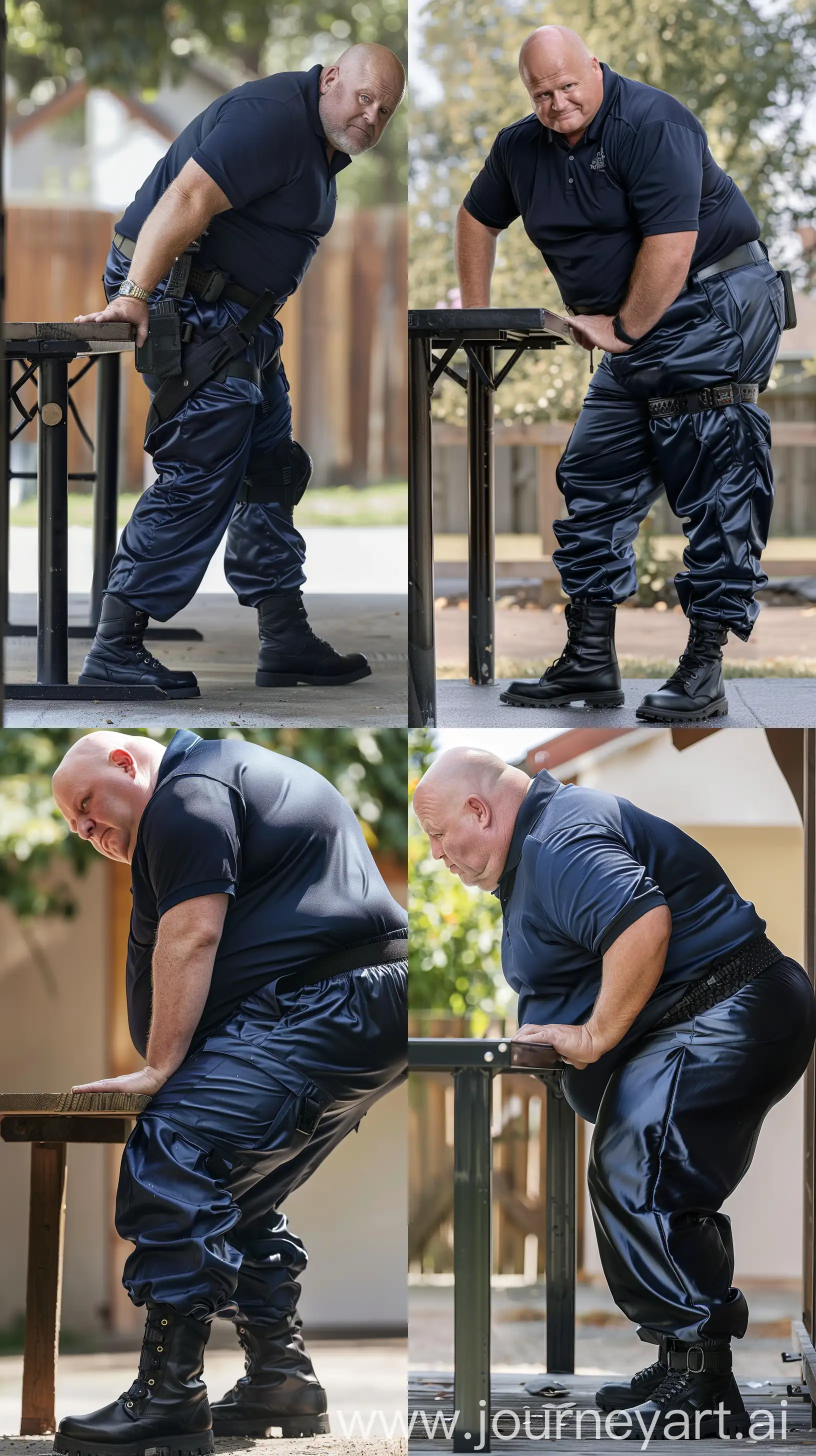 Close-up full body photo of a very fat man aged 60 standing next to a very high table. The man is wearing silk navy stretched battle pants tightly tucked in black tactical boots, tucked in silk navy sport polo shirt and a black tactical belt. The man is standing straight and bending slightly forward on the table and leaning on one leg. Outside. Bald. Clean Shaven. Natural light. --ar 9:16