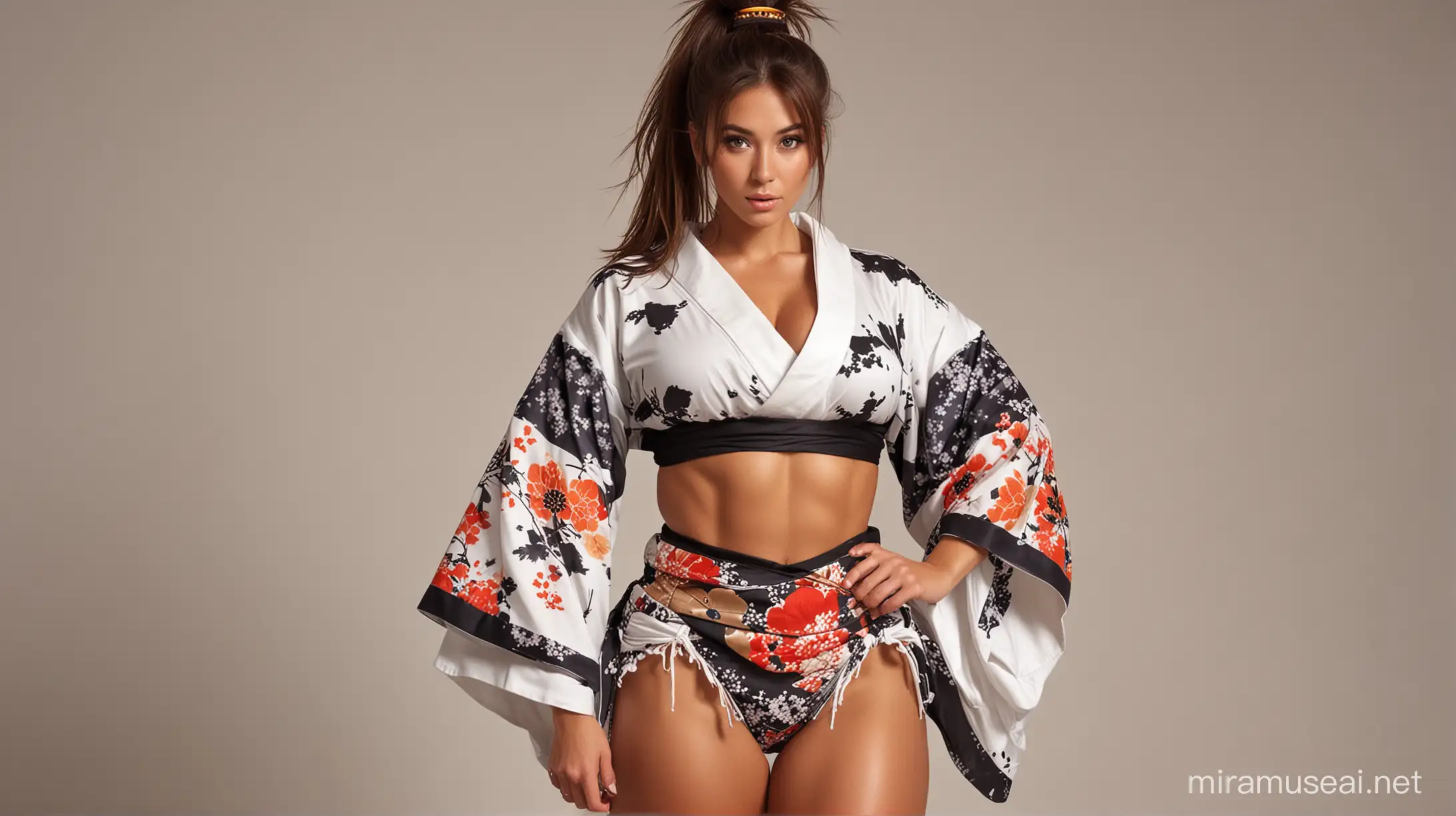 Extremely gigantic woman; extremely muscular; beautiful; sexy; seductive; cute; high messy pony with long bangs; big breasts; extremely massive and muscular arms; extremely massive six-pack; tanned; with kimono sleeves; hooded;