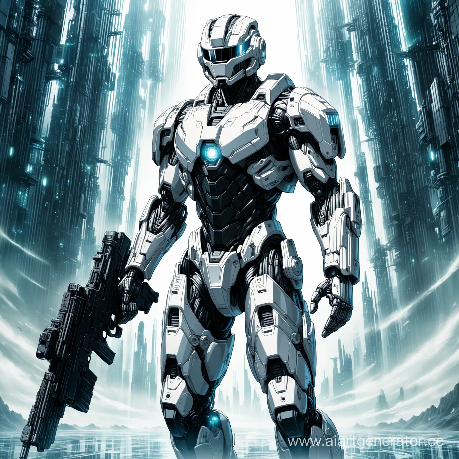 В позе прыжка, Высокотехнологичный, брутальный, мощный, тяжело бронированный белый костюм Robocop, имеющий дополнительную усиленную броню в стиле Robocopс человеческим лицом, оснащен самыми передавшими технологиями во вселенной, Футуристичные пушки на плечах, с огромной пушкой в руке, дополнительное вооружение по всему телу, турбинные двигатели Robocop далекого будущего,  открытый шлем, широкие плечи, телосложением бодибилдера, Robocop (вид в полный рост: 1.1), фокус на ступни (крупный план: 1.2), созданный в стиле - Transformer (многократная экспозиция: 1.2), отображение текстур, сложная постобработка, научно-фантастический технический реализм, (сюрреализм: 1.2), (гипер высокое качество 8к). Создай завораживающую смесь механических и высокотехнологичных элементов, эфирных и абстрактных, сочетая металлические элементы с текстурами, похожими на человеческие, слияние человеческого лица и кибер-костюма Robocop, динамичные ракурсы съемки, высоко детализированные металлические мелкие детали, фантастические очертания, цифровой шедевр, глубокие тени и светящиеся блики серебренного металла