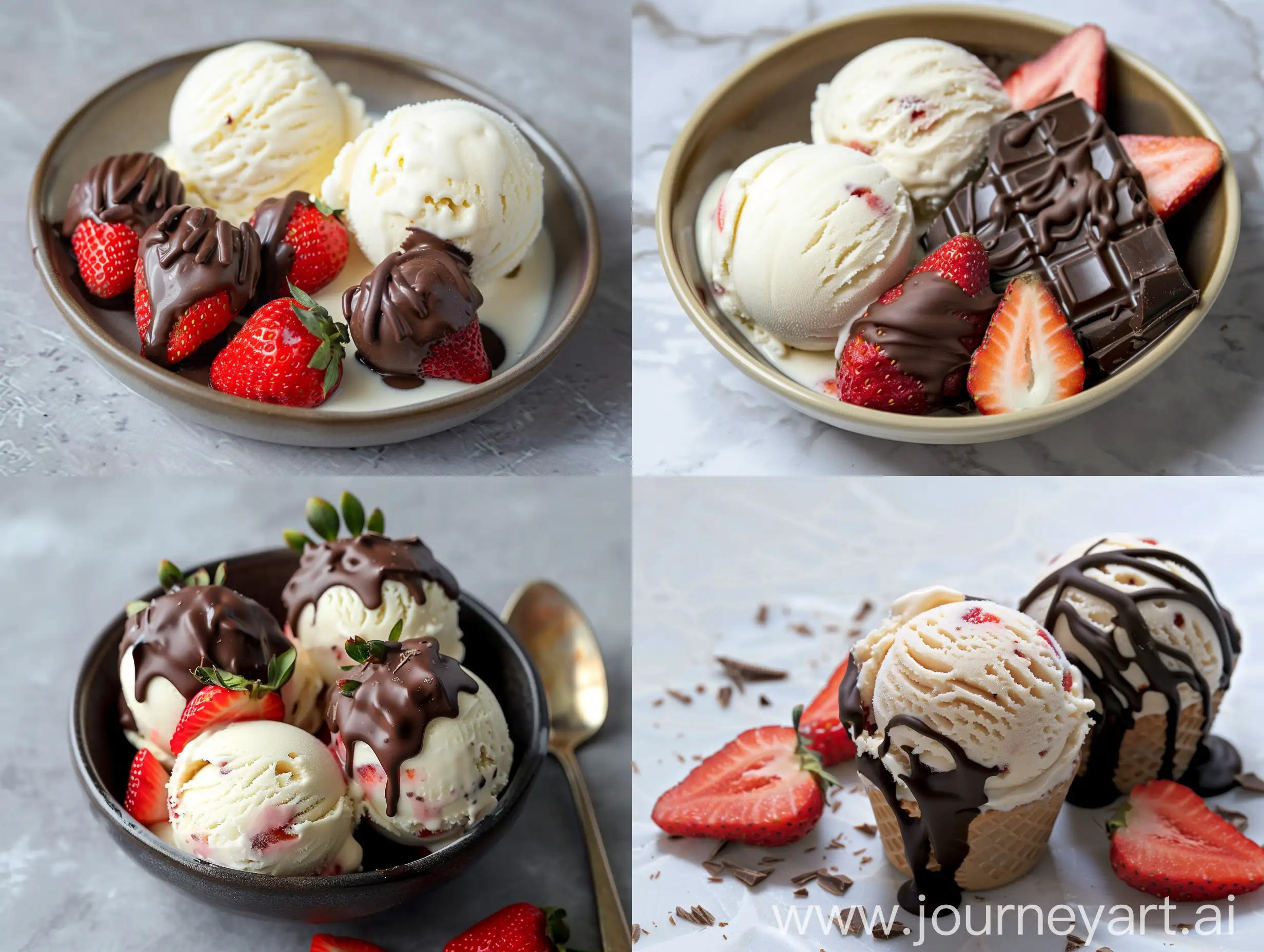 **vanilla ice cream with strawberries covered with chocolate 