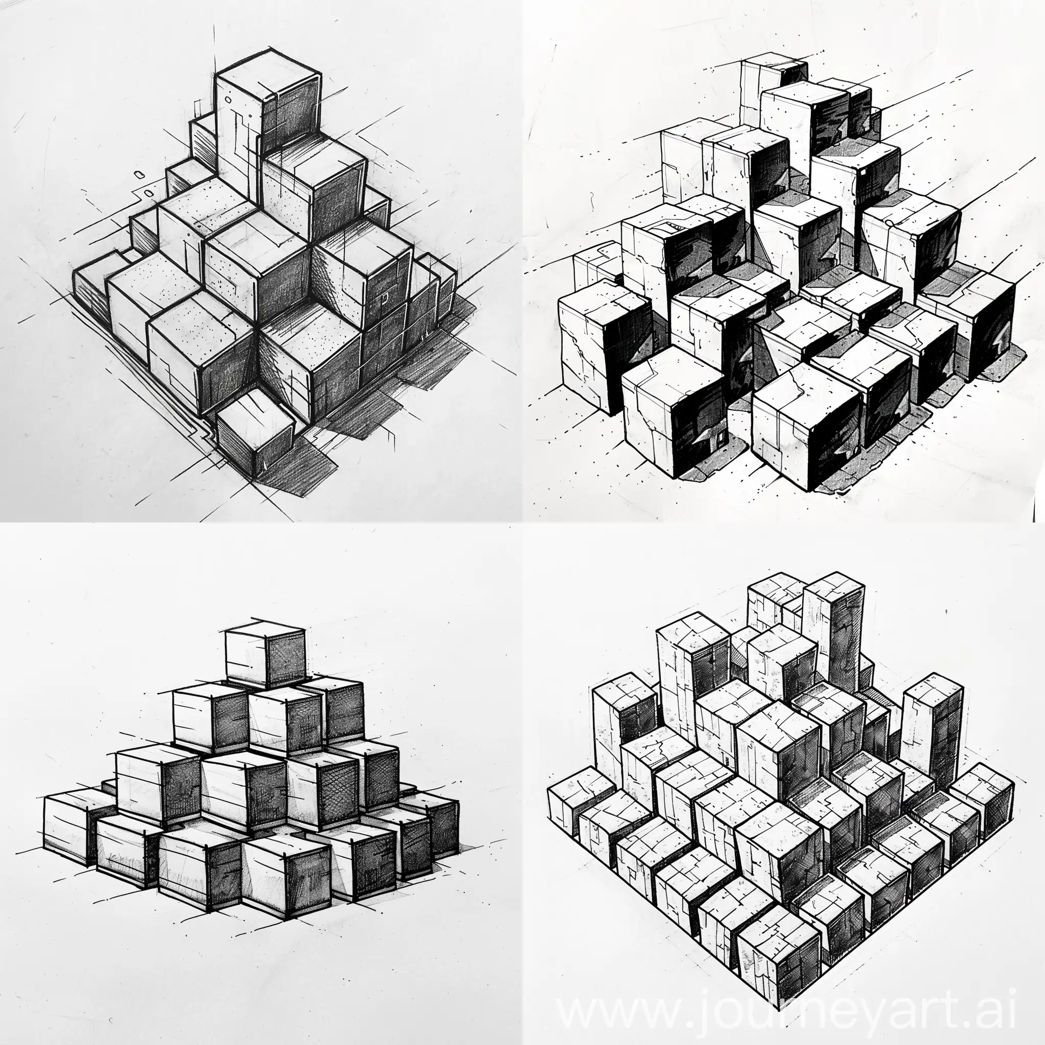 Quiero que me generes un boceto a blanco y negro, donde el concepto sean cubos escalonados en tipo piramide donde los enlaces y enmarques cada uno de ellos