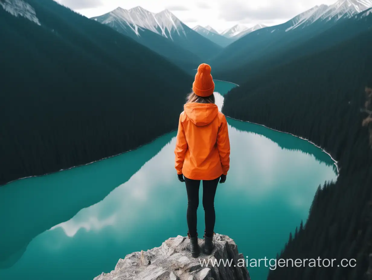 A girl stands on the edge of a mountain in an orange jacket and a hat with a bell and looks at the stunning beauty of a mountain lake