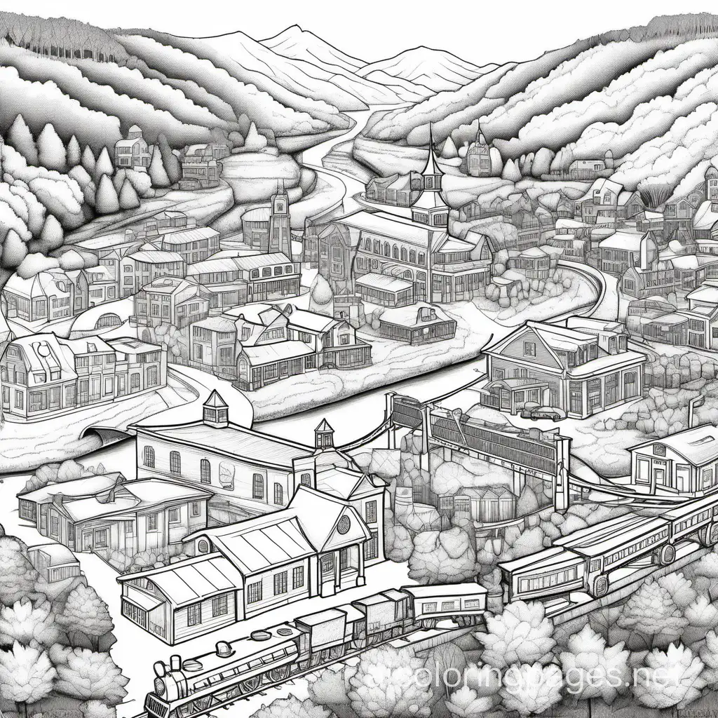1800's railroad community map with river, bridge, forest, grocery store, hotel, hospital, farms, school, church, iron shop.
, Coloring Page, black and white, line art, white background, Simplicity, Ample White Space. The background of the coloring page is plain white to make it easy for young children to color within the lines. The outlines of all the subjects are easy to distinguish, making it simple for kids to color without too much difficulty