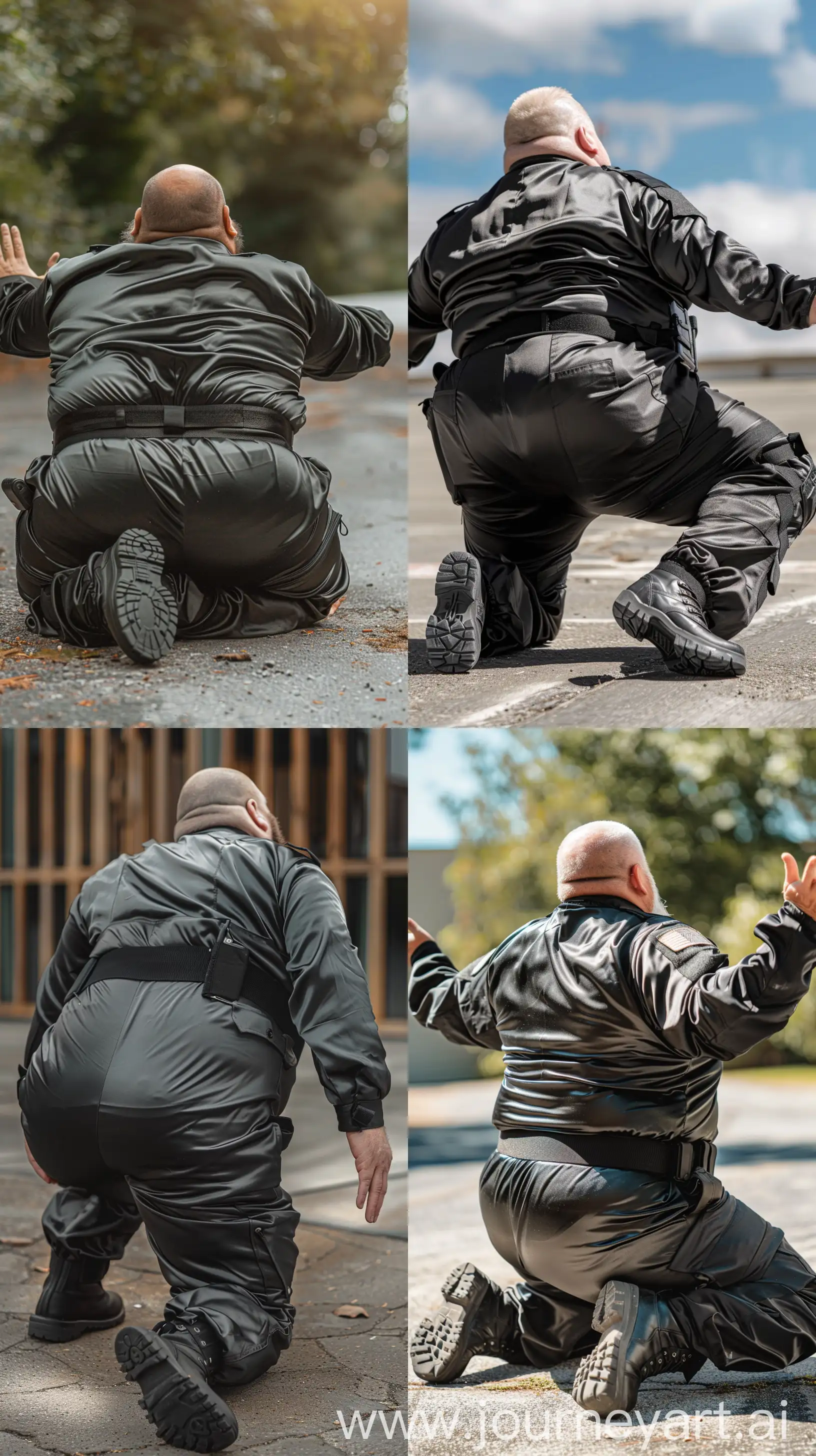 Back view close-up photo of a fat man aged 60 wearing a silk black security guard skinny-fitted full coverall tucked in black tactical hiking boots. Black tactical belt. Falling with knees on the ground looking at the sky with arms opened on the side. Outside. Clean Shaven. Natural light. --style raw --ar 9:16