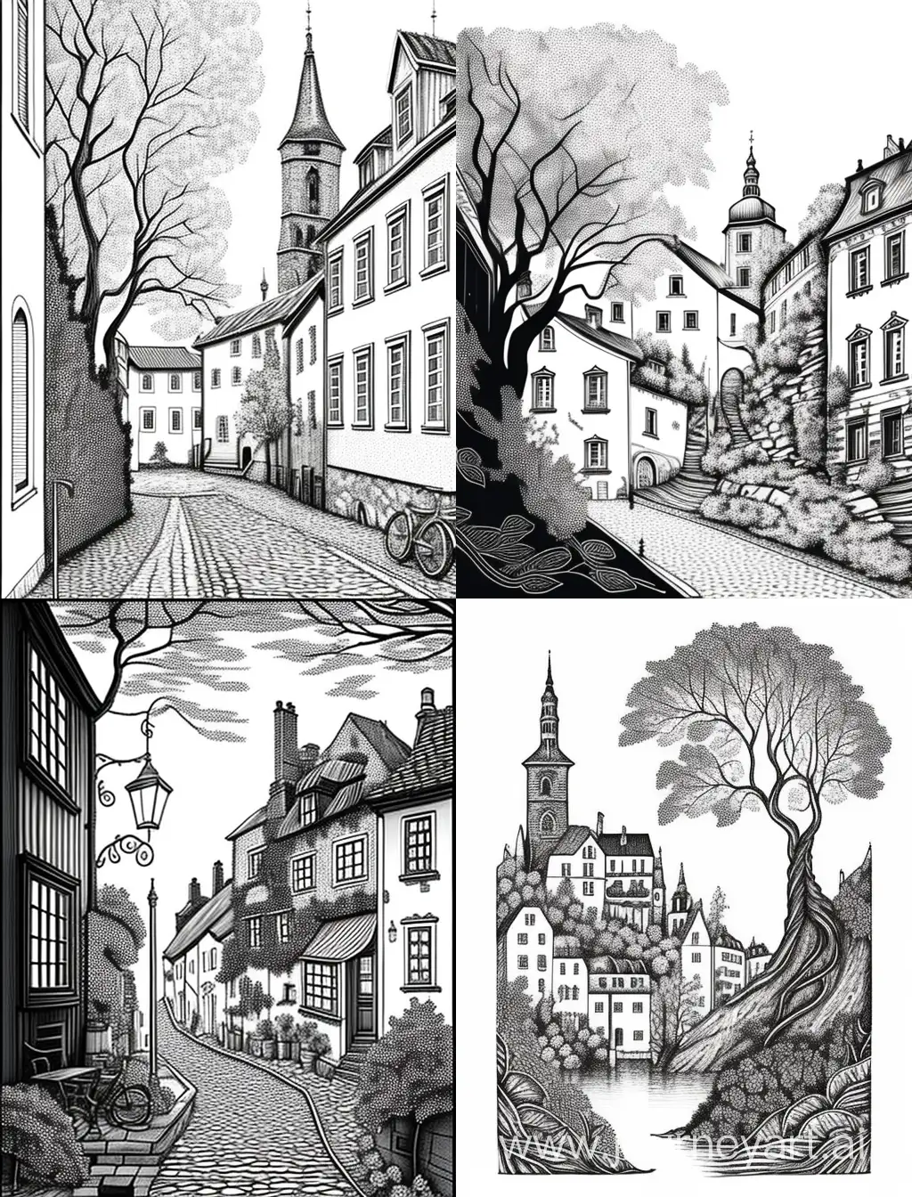  пейзаж в стиле зентангл раскраска, старый город в Европе, лайн-арт