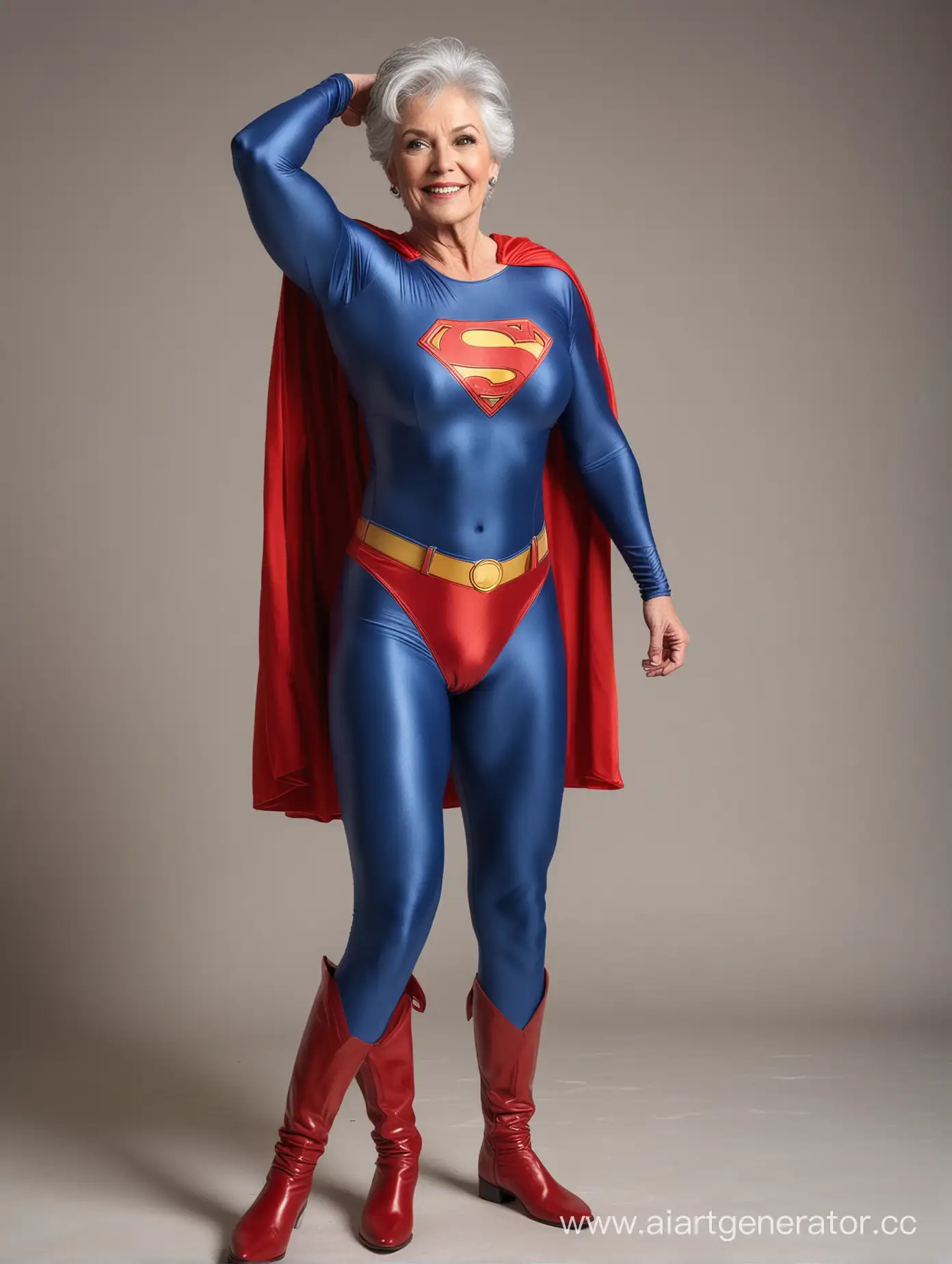 A pretty woman with gray hair, age 70, she is confident and proud, her body is very muscular, she is flexing her enormous arms muscles, she is wearing the classic Superman costume, blue spandex leggings, red briefs, red cape, red boots