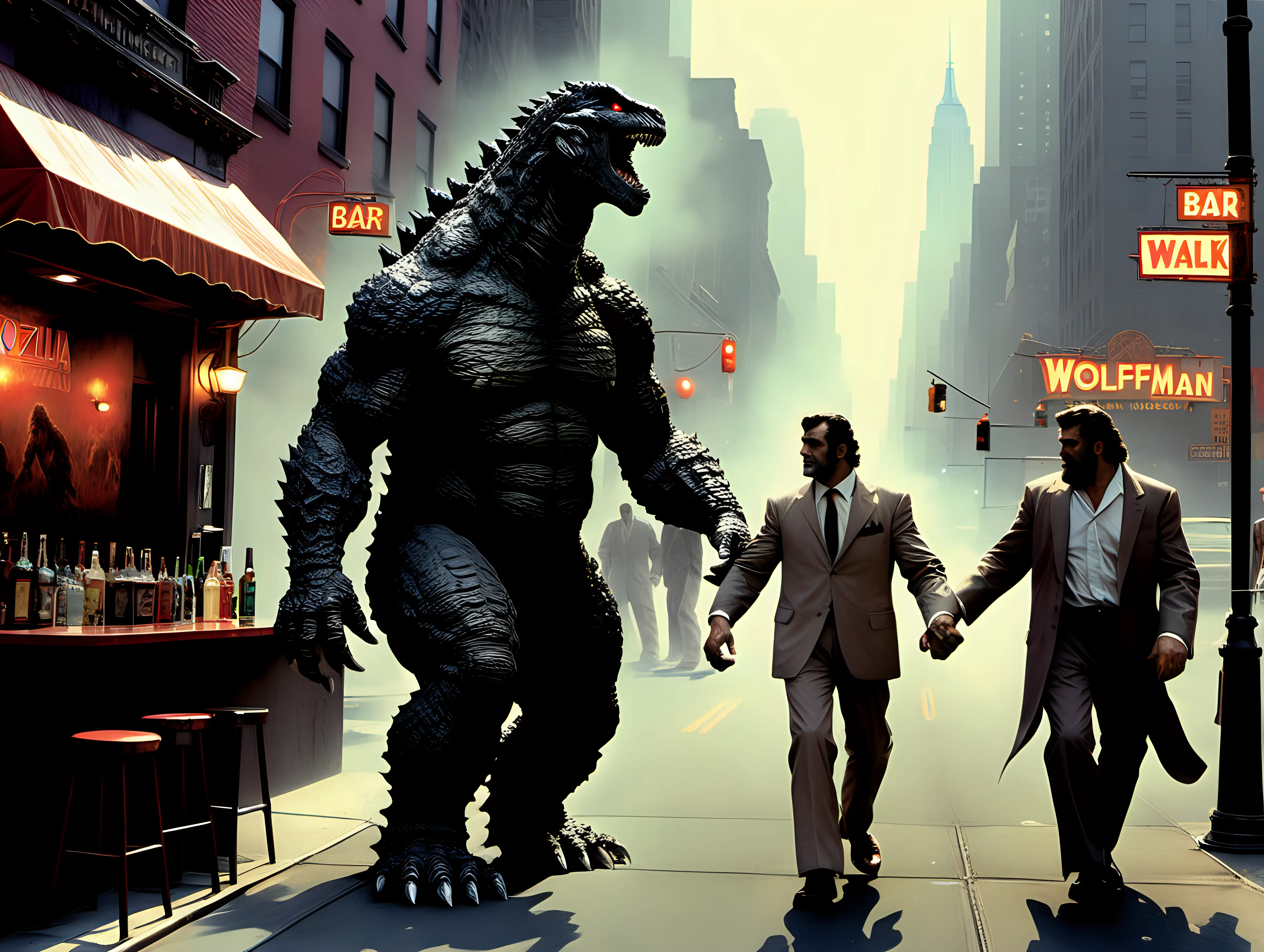 Godzilla and the Wolfman walk hand in hand into a bar in NYC Frank Frazetta style