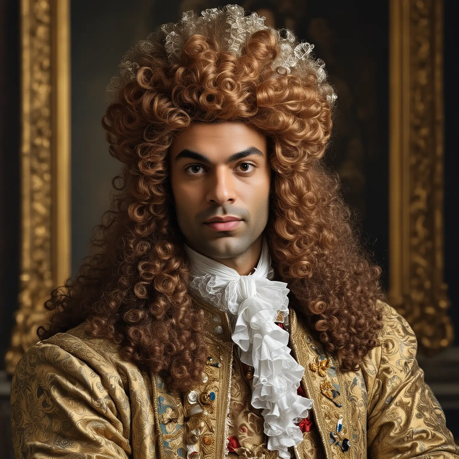 un portrait de Tony Parker déguisé en Louis XIV avec sa perruque. Le rendu montre qu'il s'agit d'une image générée par l'IA