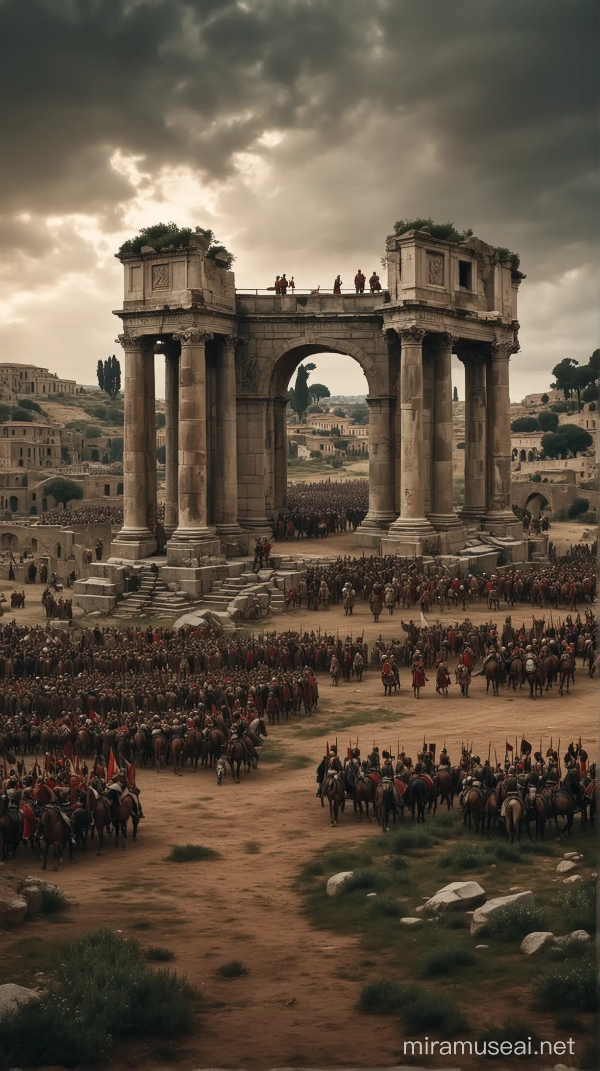 Include visual cues such as Roman architecture, military insignias, and scenes of battle to convey the escalating conflict between Octavia and Antony in moody background