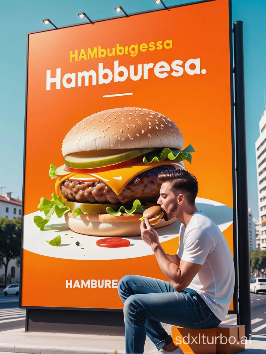 1 male is eating a hamburger under a billboard with a text logo "hamburguesa"