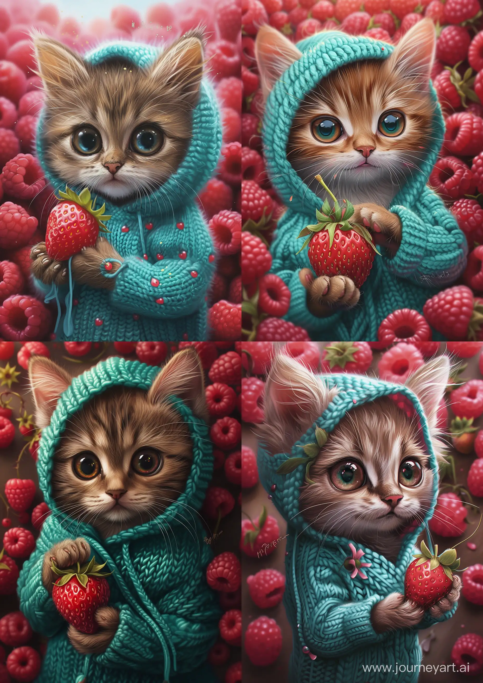 Adorable-Cat-with-Strawberry-in-Turquoise-Knitted-Hoodie