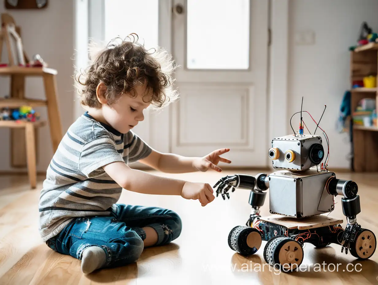Маленький ребенок играет с самодельным роботом
