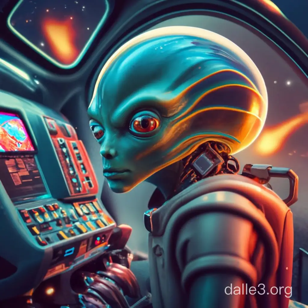Very detailed and realistic, cinematic, Closeup of Alien in saucer spaceship at colorful control panel with space galaxies outside windshield and fireballs streaking by windshield.