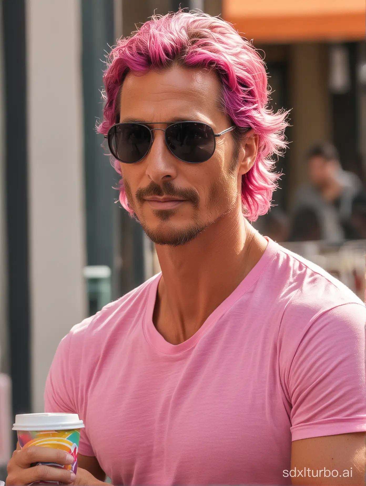 Matthew McConaughey drinks coffee, black sunglasses glasses, pink t-shirt, rainbow hair color, sidewalk cafe