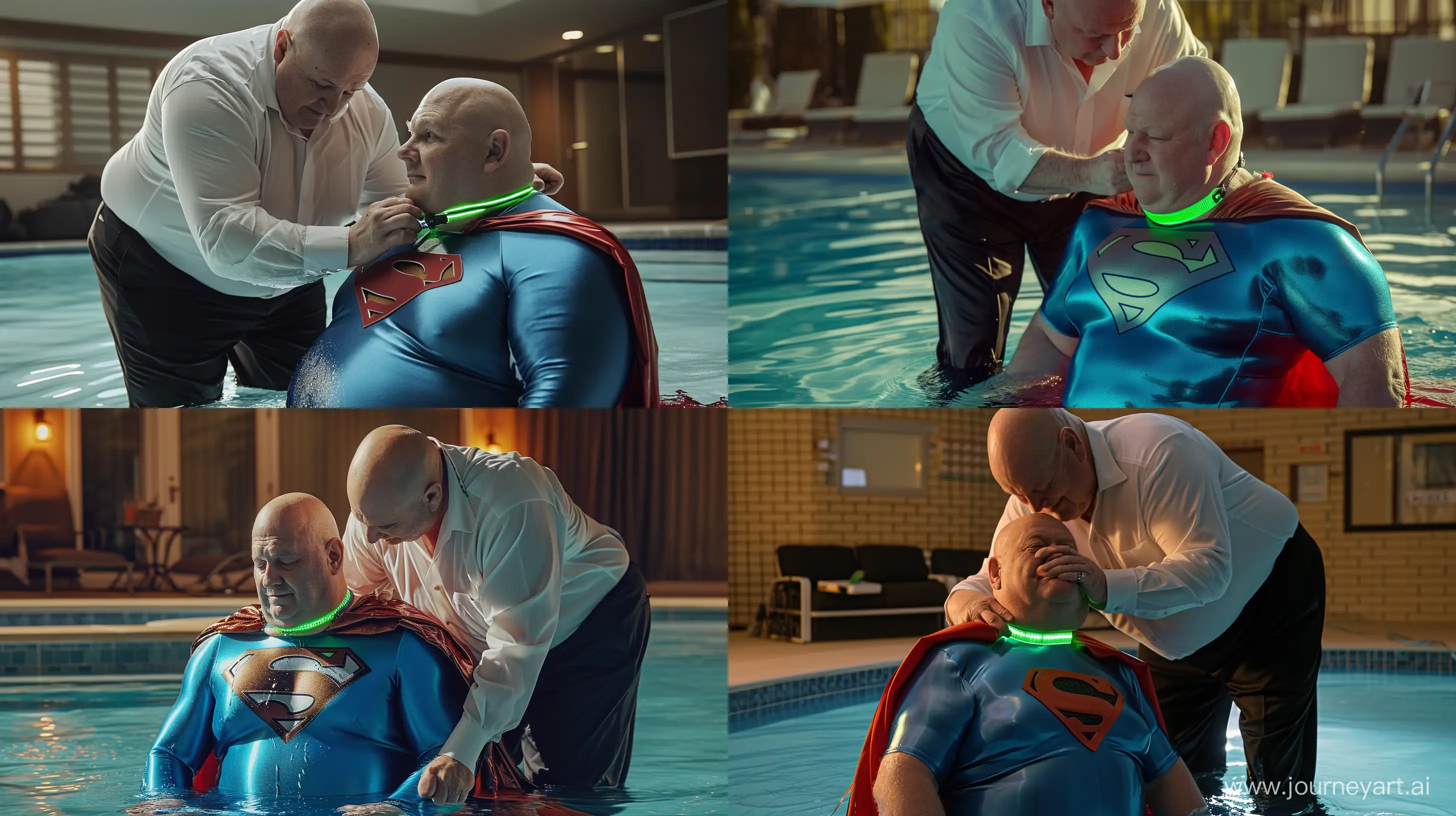 A closeup photo of a chubby man aged 60 wearing silky black business pants and a white shirt, bending behind and tightening a green glowing small short dog collar on the nape of another chubby man aged 60 sitting in the water and wearing a tight blue silky superman costume with a large red cape. Swimming Pool. Natural Light. Bald. Clean Shaven. --style raw --ar 16:9 --v 6