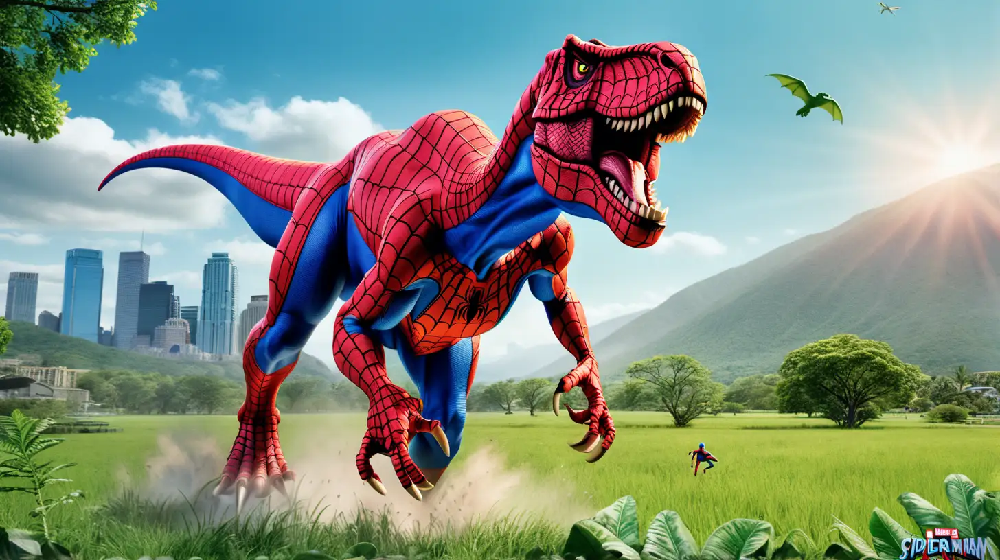 Key Image: Iconic T-Rex in Spider-Man attire. Set against a backdrop of lush meadows, the towering T-Rex roars, showcasing its dominance. The fusion of the dinosaur and superhero elements creates a standout visual, making the T-Rex the central focus. The vibrant meadow environment enhances the impact of this unique and attention-grabbing icon.