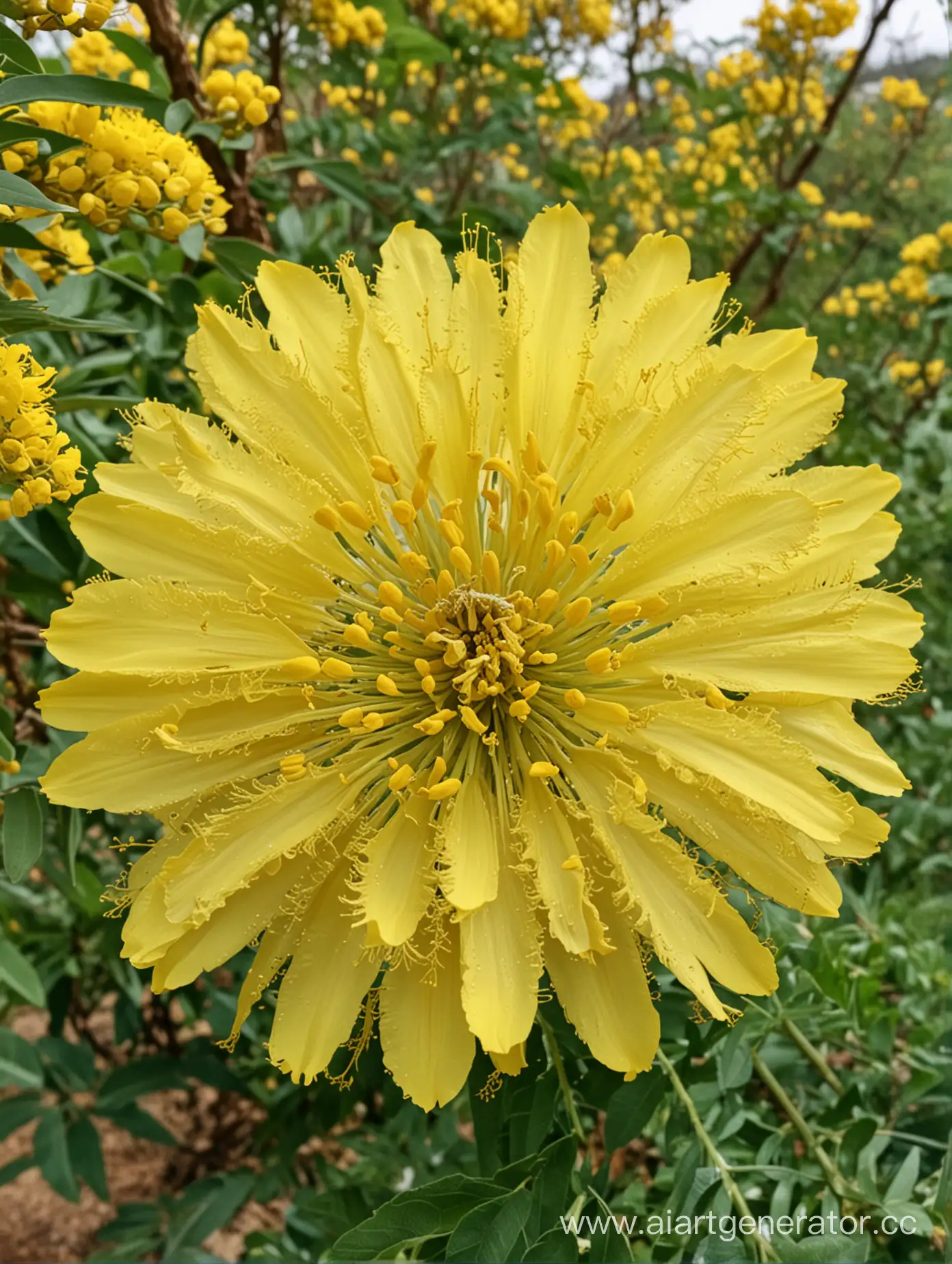 Acacia yellow big flower close up 8k between plants