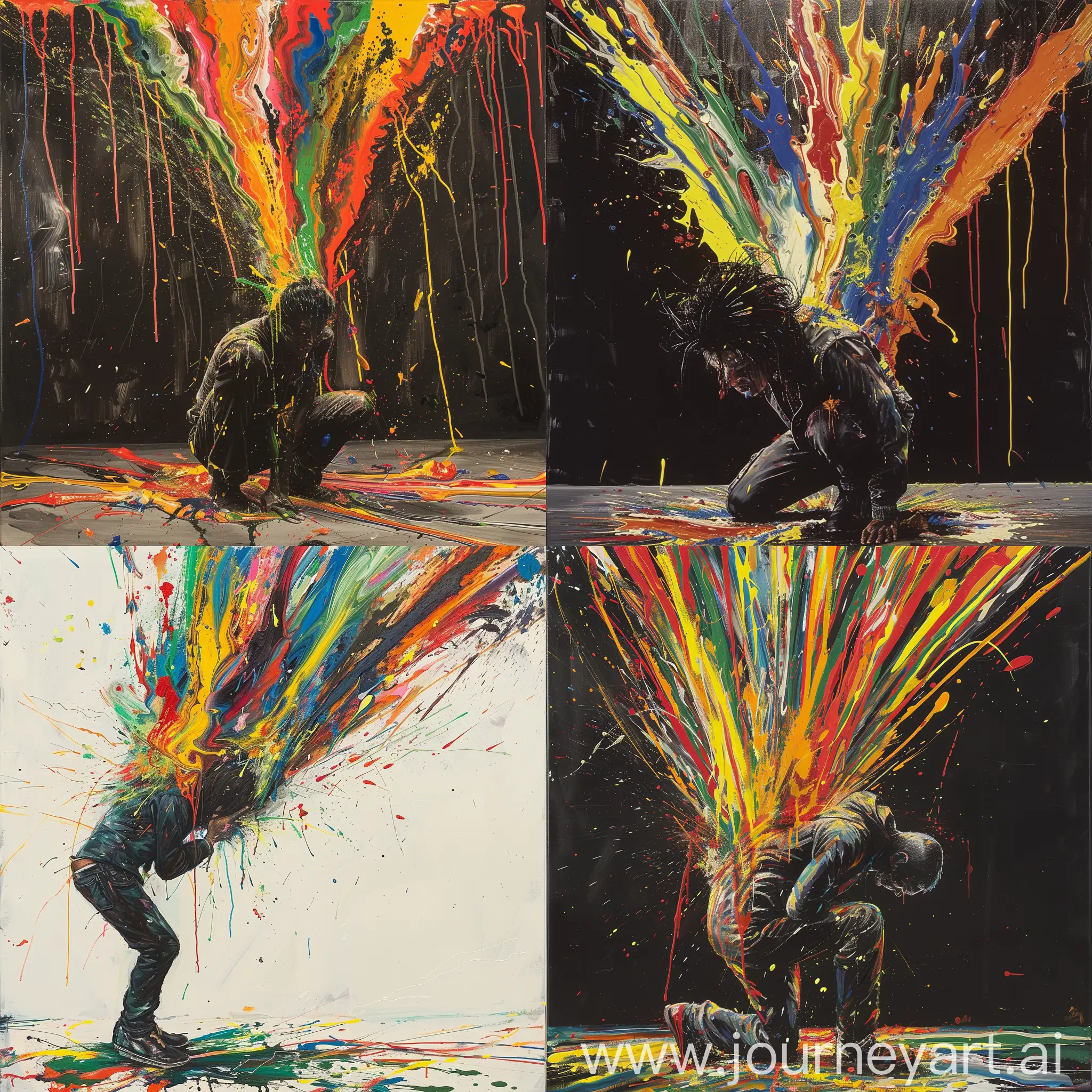 
In this provocative painting, the canvas becomes both a stage and a receptacle for the chaotic expression of the artist's inner turmoil. At the center of the composition, an artist hunches over, convulsing with intensity as vibrant streaks of paint erupt from their mouth, splattering across the awaiting canvas below.