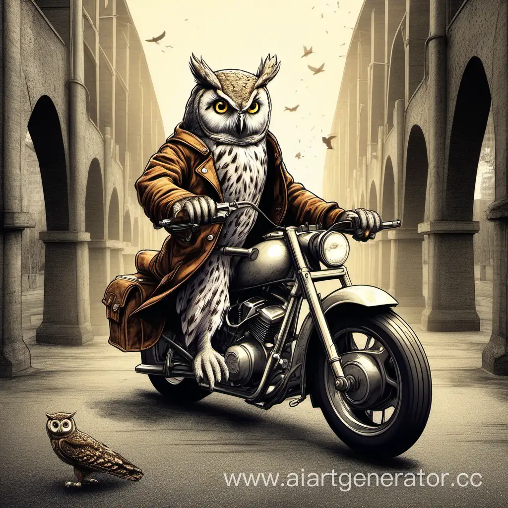 Owl-Riding-Motorcycle-over-Drawbridges-at-Sunset