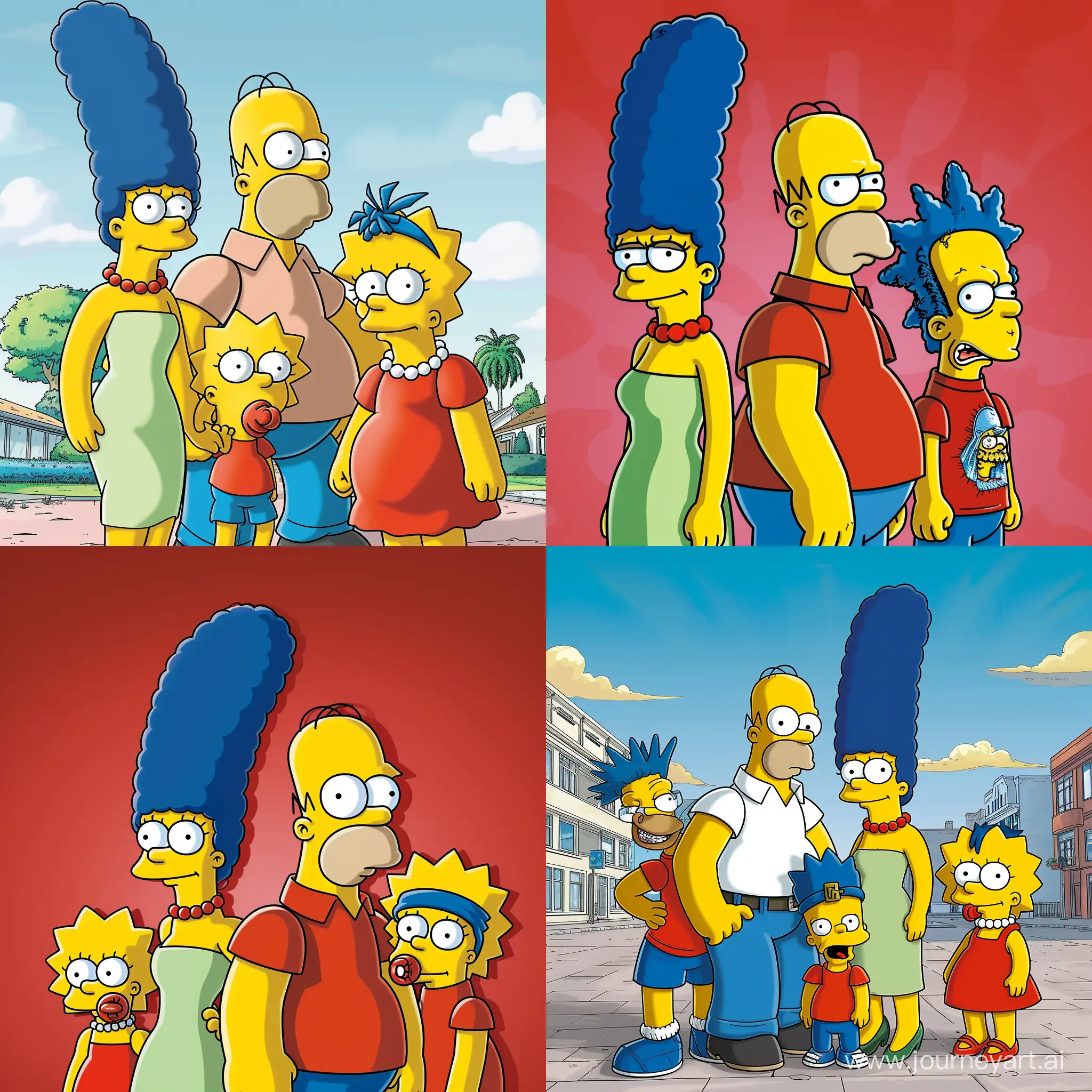 Homer Simpson: Portrayed as a middle-aged man, slightly overweight, with a friendly but clumsy demeanor. Marge Simpson: A tall woman with a distinctive blue beehive hairstyle, wearing a green dress. Bart Simpson: A boy with spikey hair, wearing a red t-shirt and blue shorts, with a mischievous expression. Lisa Simpson: A girl with a red dress and a blue headband, intelligent and serious in expression. Mr. Burns: An elderly man, thin, with a prominent nose and an expression of cunning and greed.