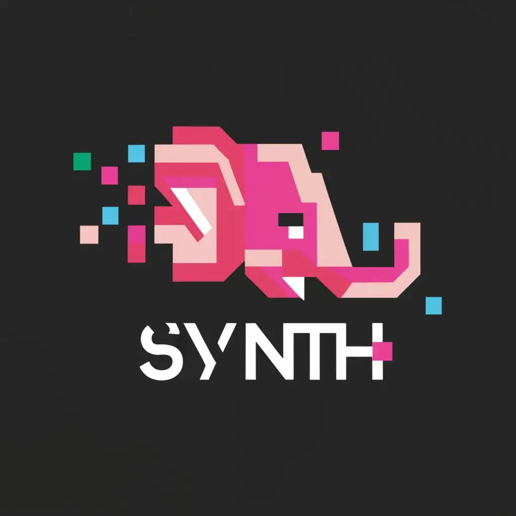 logo, color blocking pixelated pink elephant head, 90s vibe, with the text "synth", typography