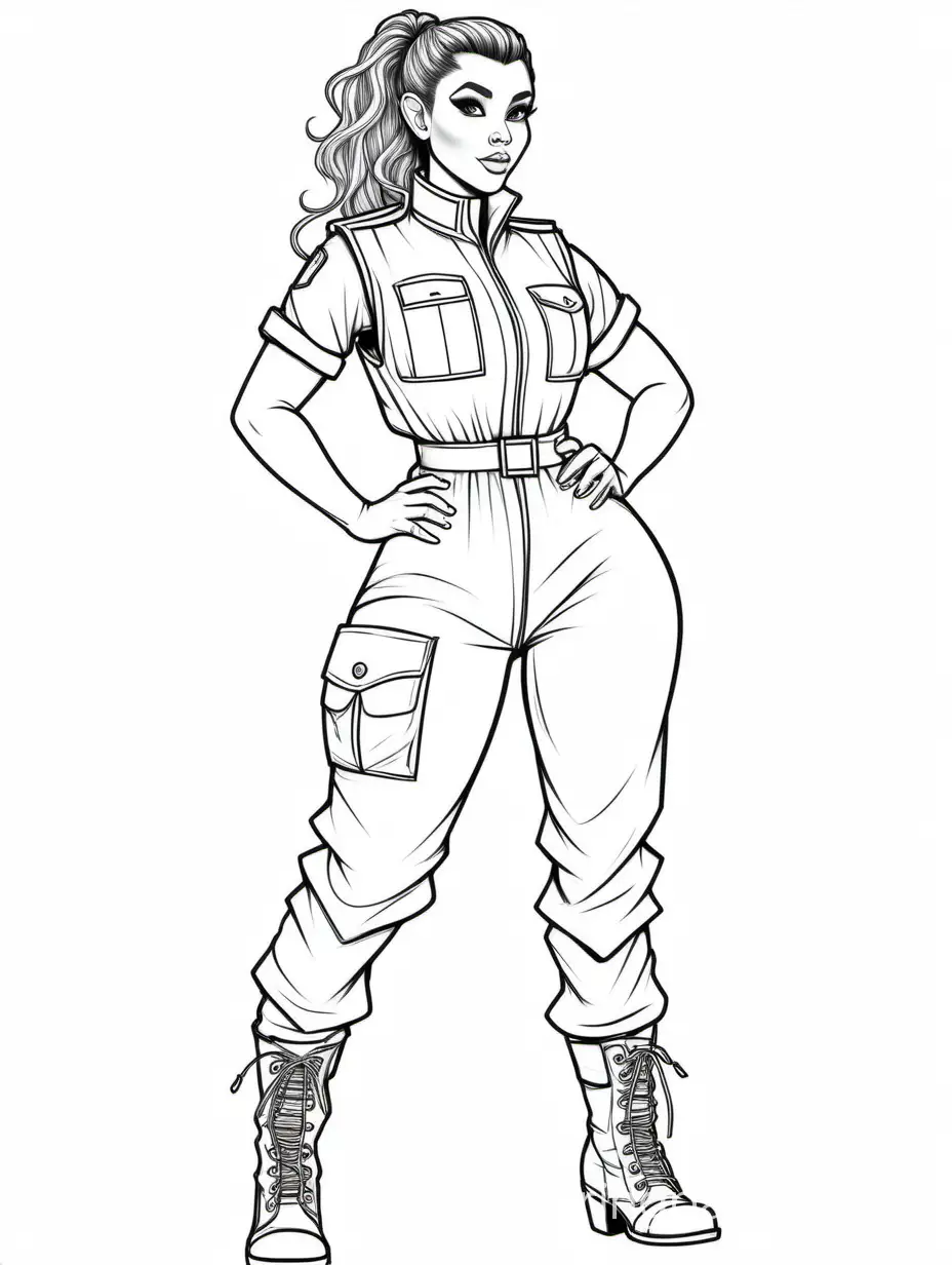 Polynesian styled elf, Thicc, wearing skintight boiler-suit with rolled up sleeves covered by a military combat vest and high-heeled combat boots, hair in a high pony-tail with curly bangs, Coloring Page, black and white, line art, white background, Simplicity, Ample White Space. The background of the coloring page is plain white to make it easy for young children to color within the lines. The outlines of all the subjects are easy to distinguish, making it simple for kids to color without too much difficulty