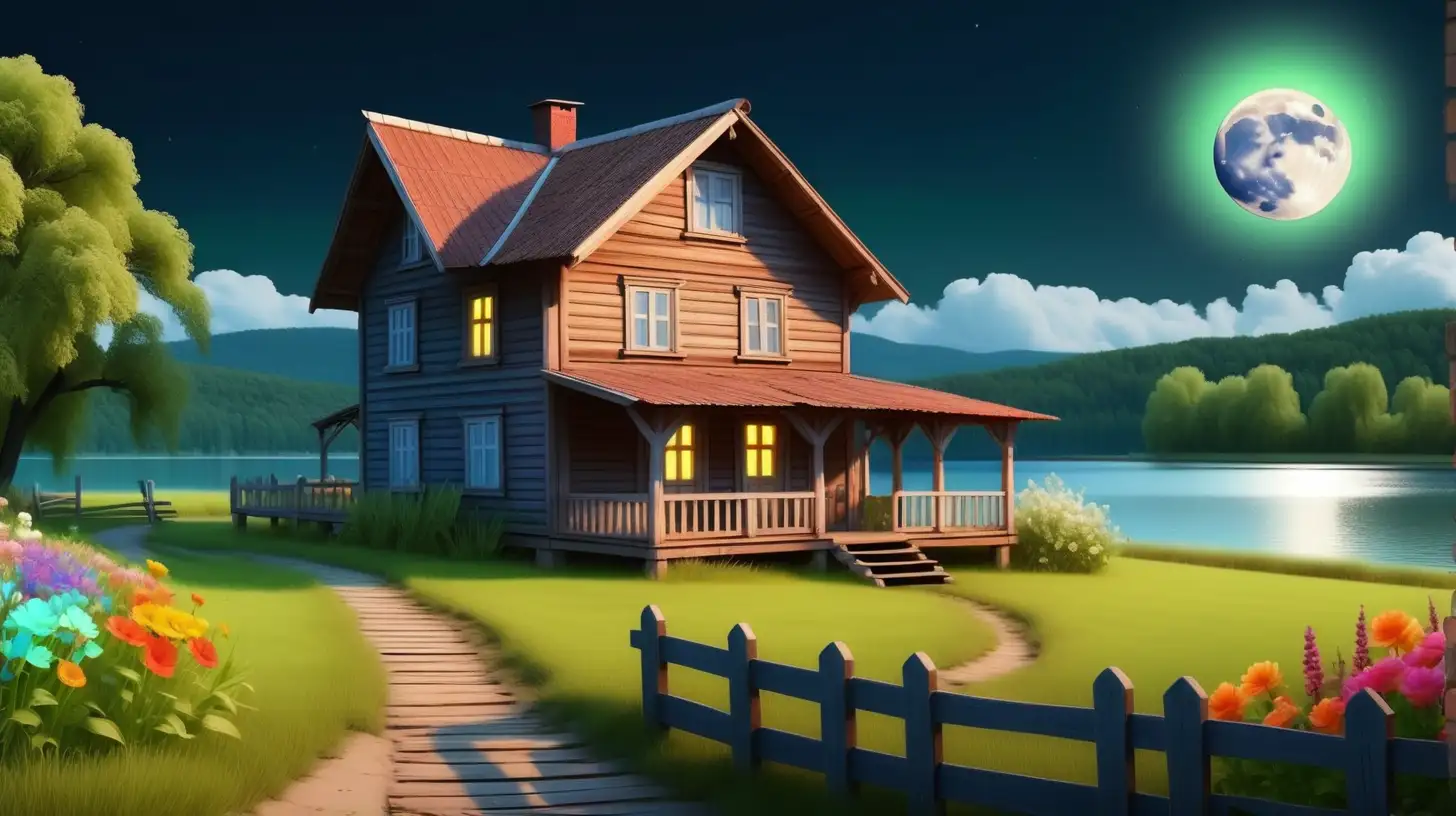 O casa veche de lemn, pe malul unui lac, noapte cu o luna plina, cerul albastru, gard de lemn pe  un drum de tara, iarba verde , flori colorate pe marginea drumului, lumina la geamuri