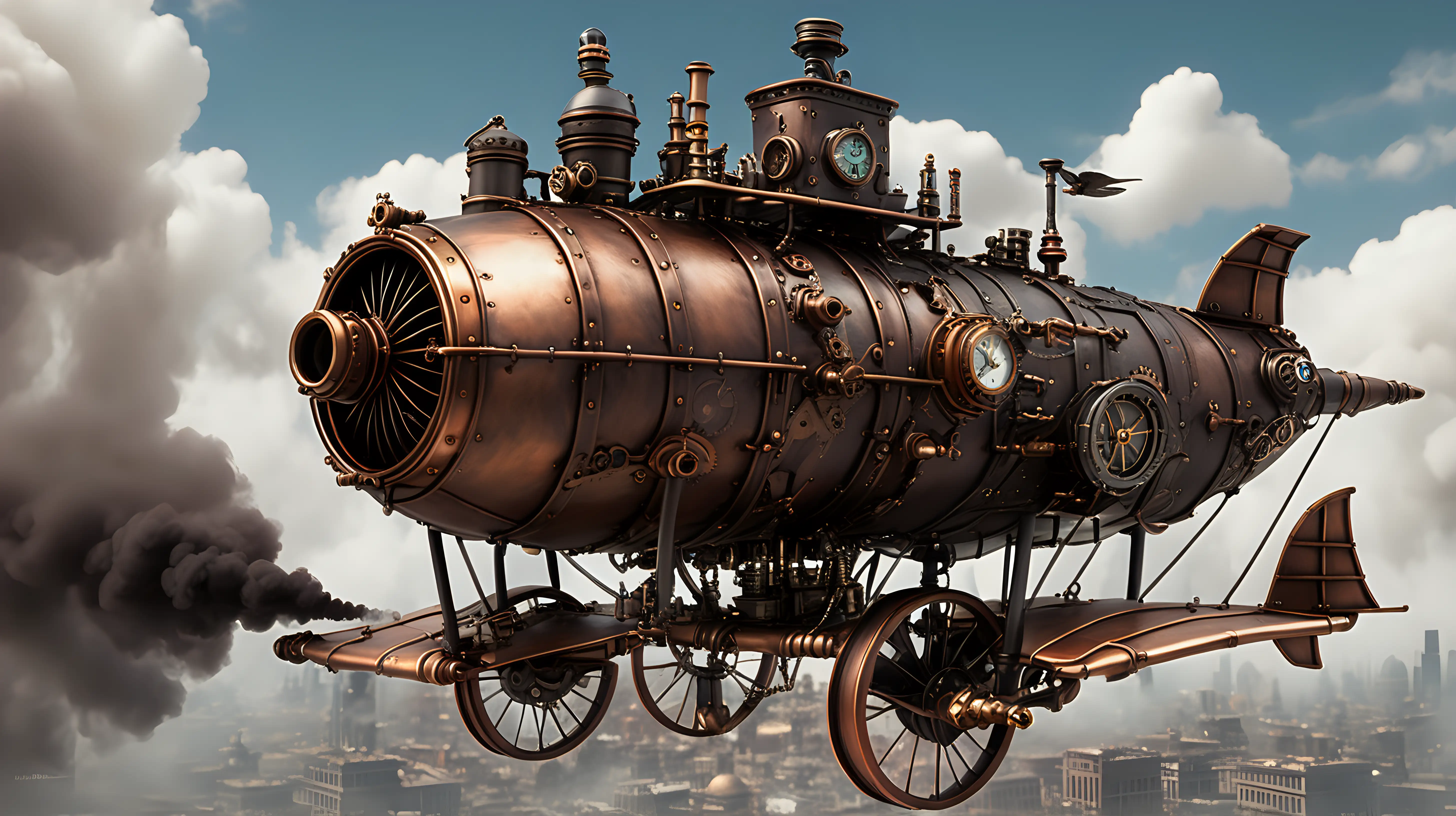 Steampunk Flying Machines in City Sky with Pilot and Steam Exhaust