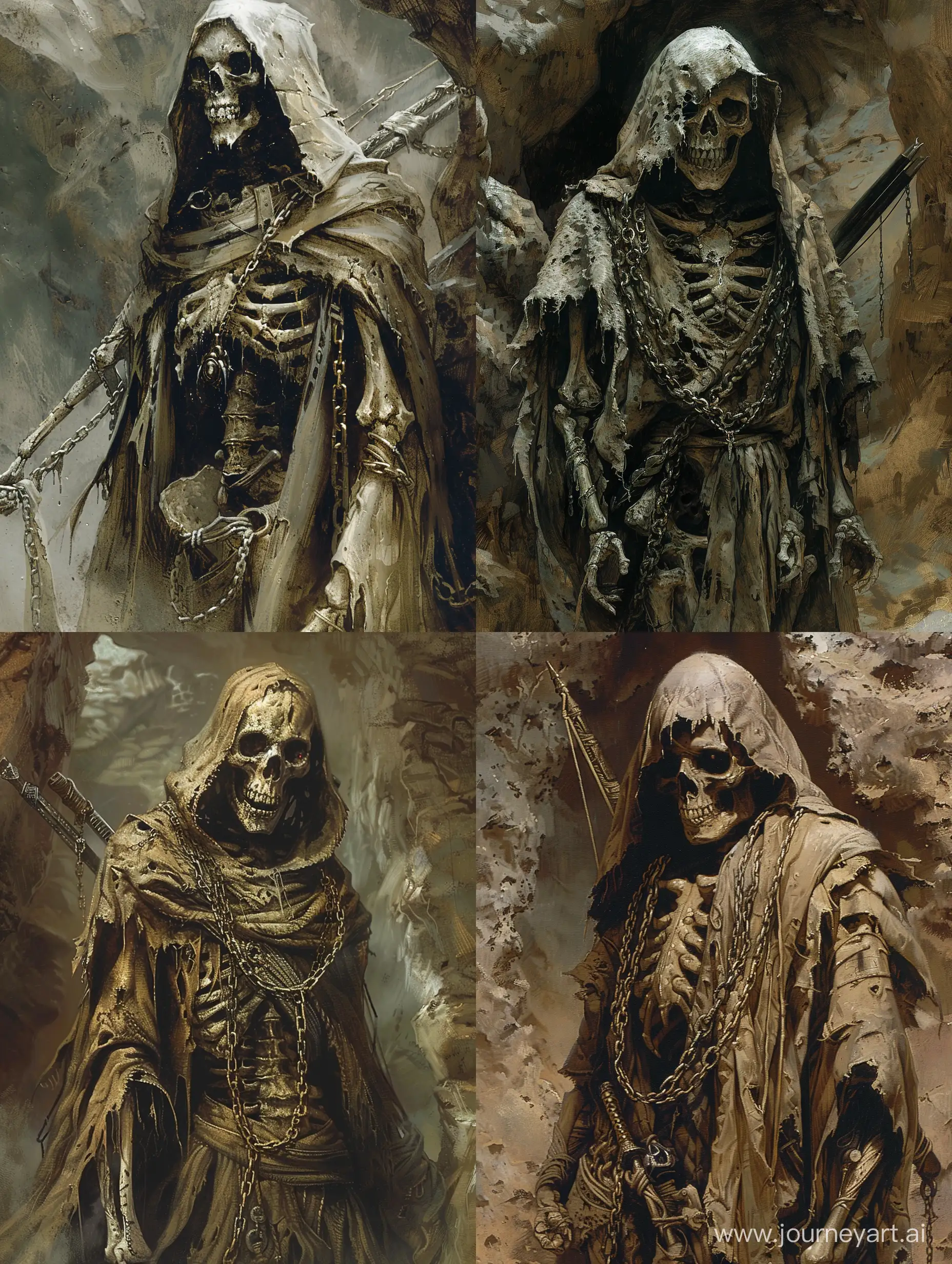 Skeleton warrior [ The central subject is a skeletal being draped in tattered robes and armor. The figure wears a hooded cloak, obscuring most of its skull-like face. Only the empty eye sockets and an open mouth are visible. The robes are worn and torn, suggesting age or neglect. Chains are wrapped around its body, adding to the eerie ambiance. The background is rendered in muted tones, enhancing the overall sense of foreboding. The figure stands against this backdrop, exuding an aura of ancient malevolence]with robe and hood,naginata on the back , in a cave-like place underground , horror place , incredible detail,terrifying,Imaginary image,fantasy.