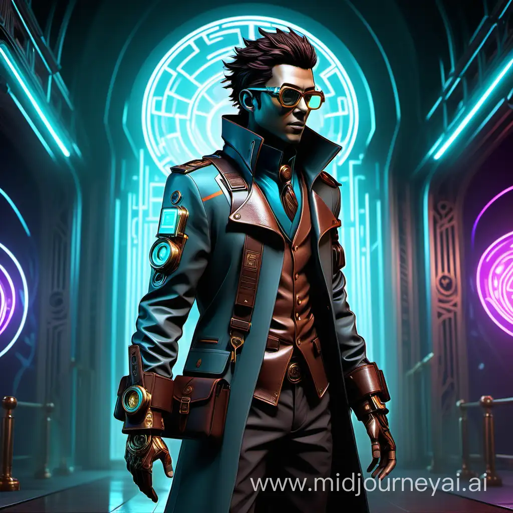 use combination of Steampunk, Synthwave (Retrofuturism), Futuristic Concept Art 

Foreground - Character: male

    The digital nomad now stands more prominently, their figure a blend of mystery and expertise. The attire is distinctly Steampunk, featuring a streamlined, tailored coat adorned with subtle brass elements and gear motifs. The coat's fabric has a slight shimmer, hinting at advanced, lightweight material.
    The character's backpack is minimized and almost merges seamlessly with the coat, suggesting high-tech minimalism and efficiency. It's there but doesn't draw attention away from the character.
    The FPGA card is now prominently held in the character's hand, glowing subtly with neon accents, its design intricate and futuristic, a testament to the nomad's specialization.
    The character's face and hair are less detailed and more stylized, leaning towards an abstract, futuristic look. The features are softened, with more emphasis on the character's enigmatic presence than on realistic details.
    The glasses have been enlarged, becoming a significant feature of the avatar. They reflect a complex web of neon-lit circuits and code, symbolizing the nomad's deep immersion in the digital world and expertise in ZK Proofs. The reflection adds depth and a hint of the vibrant, high-tech environment in which the character thrives.

Midground - The Palace of Culture and Science:

    The Palace of Culture and Science is now more stylized and less detailed, its outline preserved but its features simplified, creating a balance between recognizability and a futuristic reinterpretation. 
    Neon accents and subtle steam elements are still present but are toned down, ensuring that the Palace complements the character without overpowering the scene.

Background - Ambiance:

    
    The emphasis is on creating an expansive and open backdrop, a canvas that allows the character and the Palace to stand out.