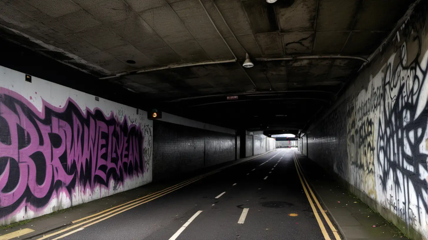 urban underpass in a British northern city, surfaces almost completely covered in Crowleyan occult graffiti 