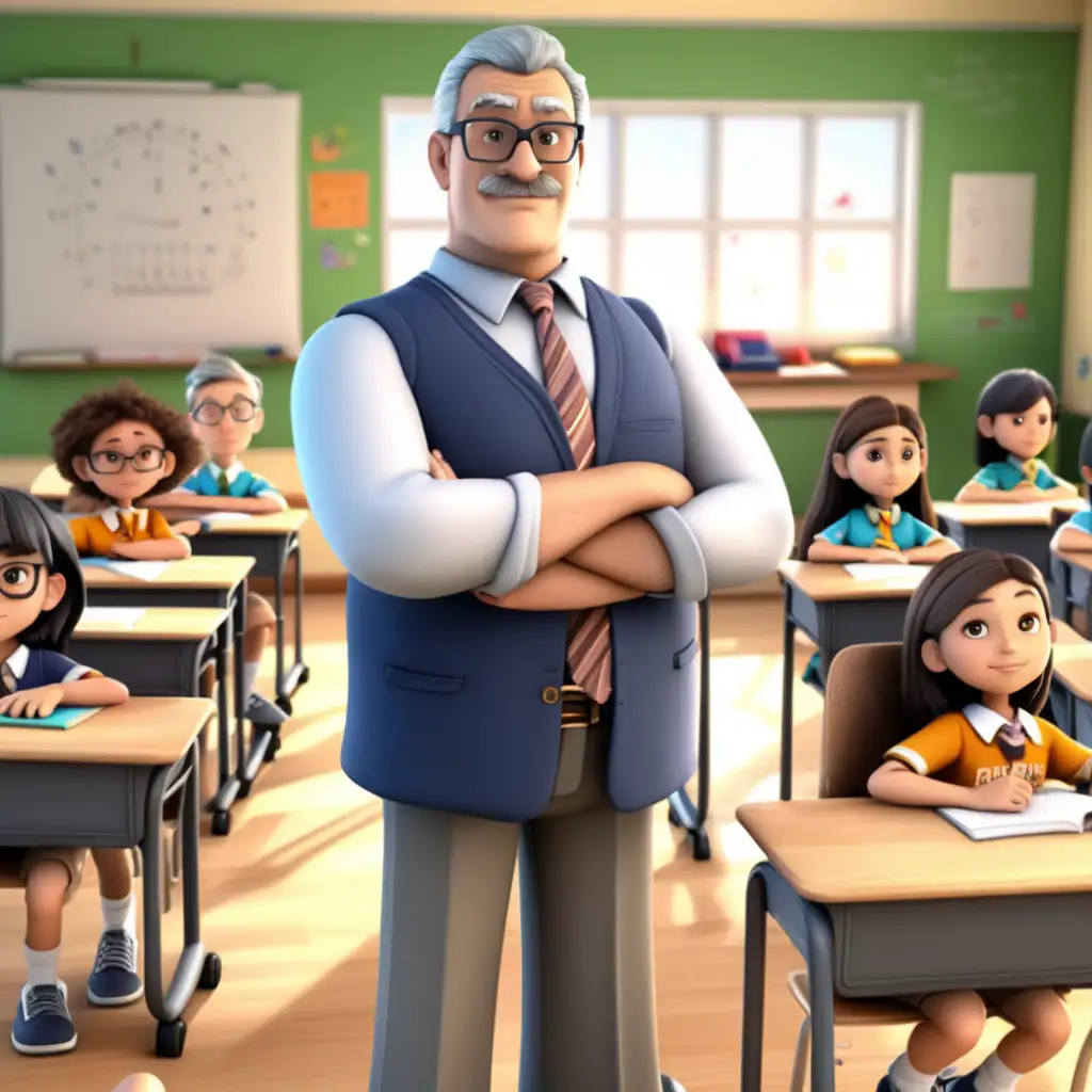 Create a 3D illustrator of an animated image of a middle aged average weighed male teacher, majestic look standing in front of his desk inside the classroom, the students are sitting in the classroom. Beautiful spirited background illustrations