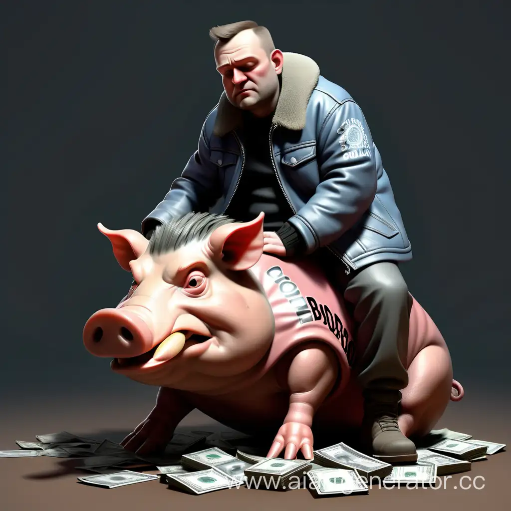 A weak man is sitting on a huge hog wearing a jacket with the inscription GlavBorov and dollar On the floor