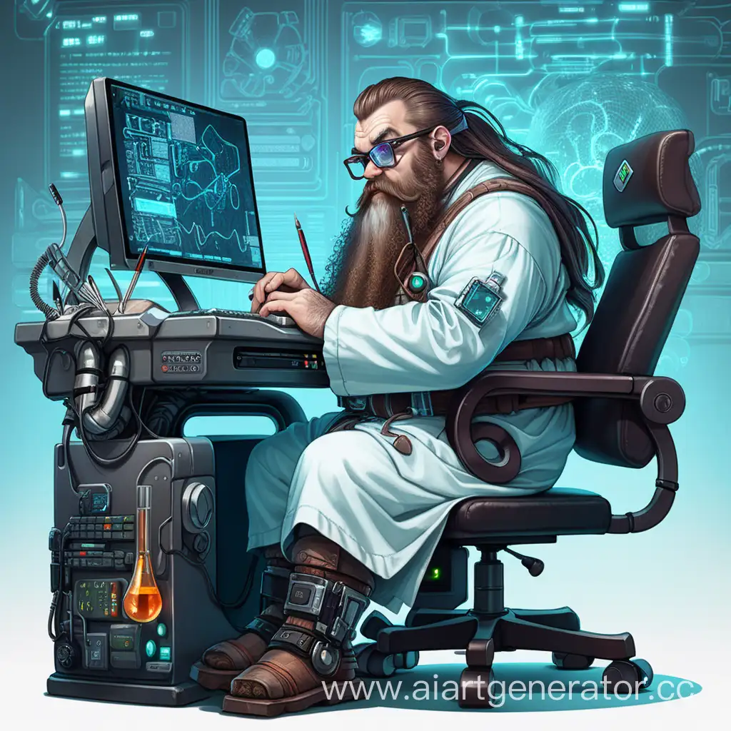 Dwarf, programmer, in a medical gown, laboratory, sitting at a computer, cyberpunk style, glasses, long beard, very tired, attention on the face, fantasy style, technology
