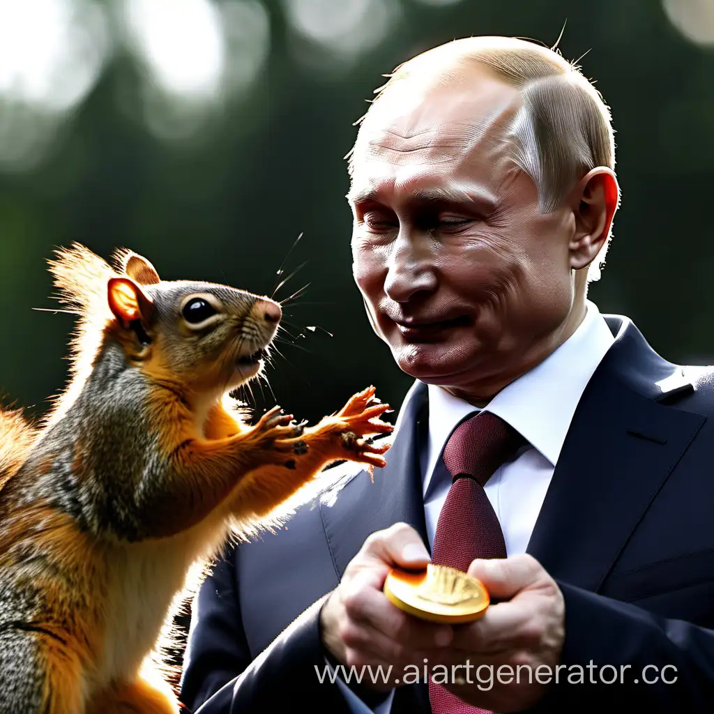 Путин одевает медаль белке