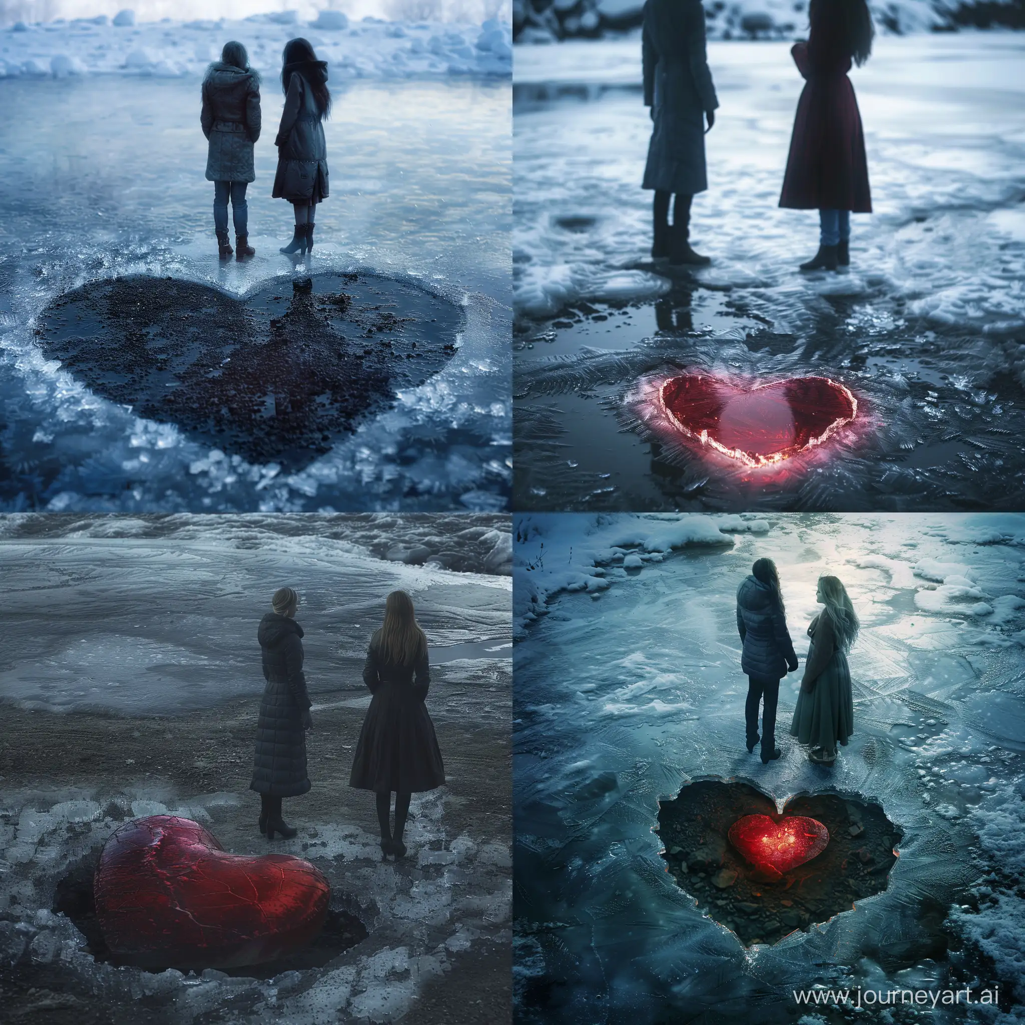 human love  Two people stood around a mysterious heart.  The ground was frozen and in front of her was another woman, so real.
