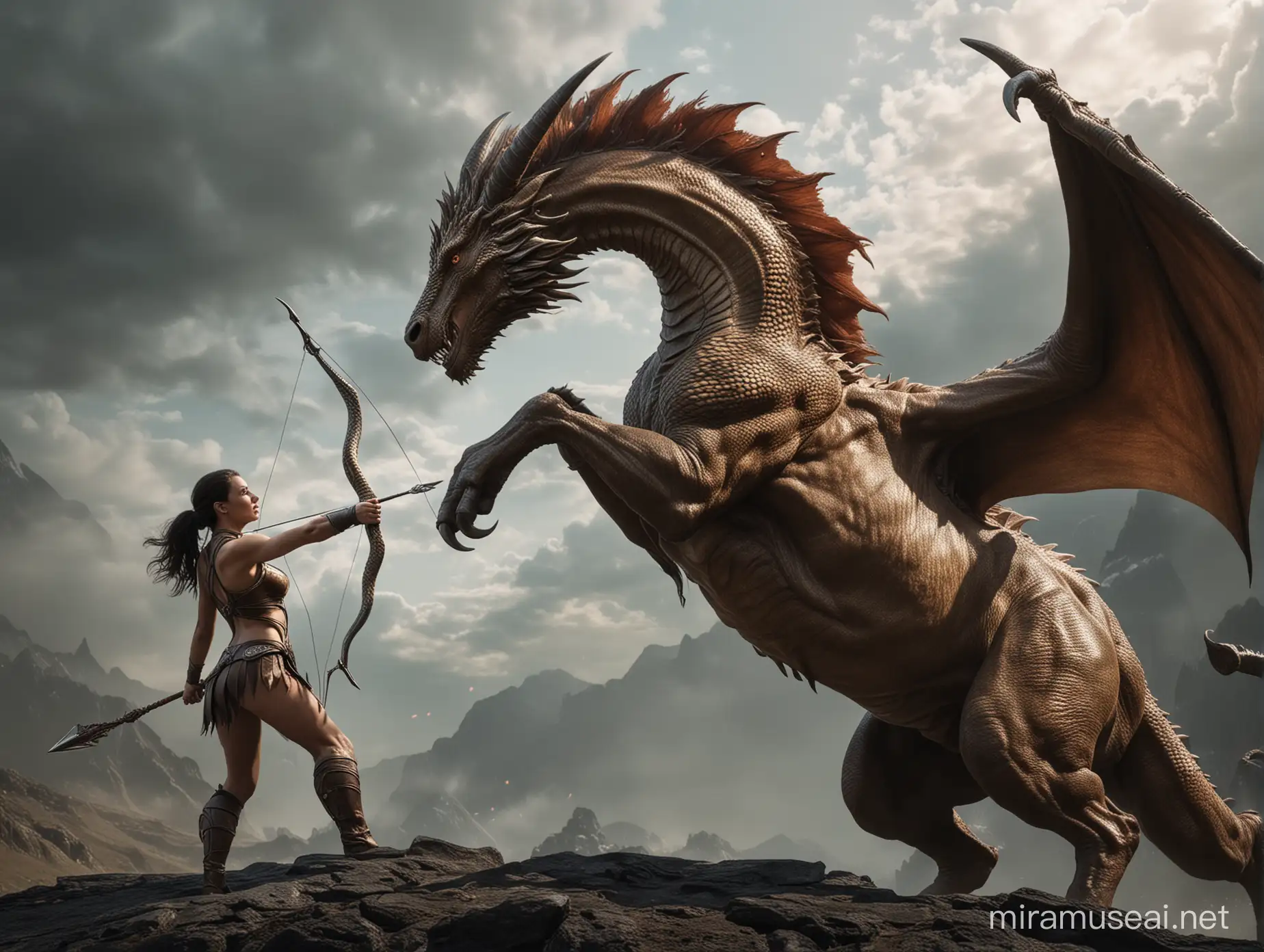 Create a photorealistic image that shows a mythical creature with the body of a centaur and the head of a dragon. This creature should be depicted in an epic moment when it pulls its bow to release a fiery arrow. To achieve the effect of superrealism, the image must be carefully processed using cinematic post-production techniques. The end result should create the illusion that the photo was taken through the lens of a Nikon D850 camera, capturing the myth in a moment of greatness.