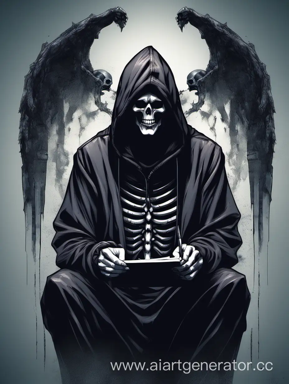 Gothic-Deity-Thanatos-Wearing-Hoodie-While-Completing-a-Form